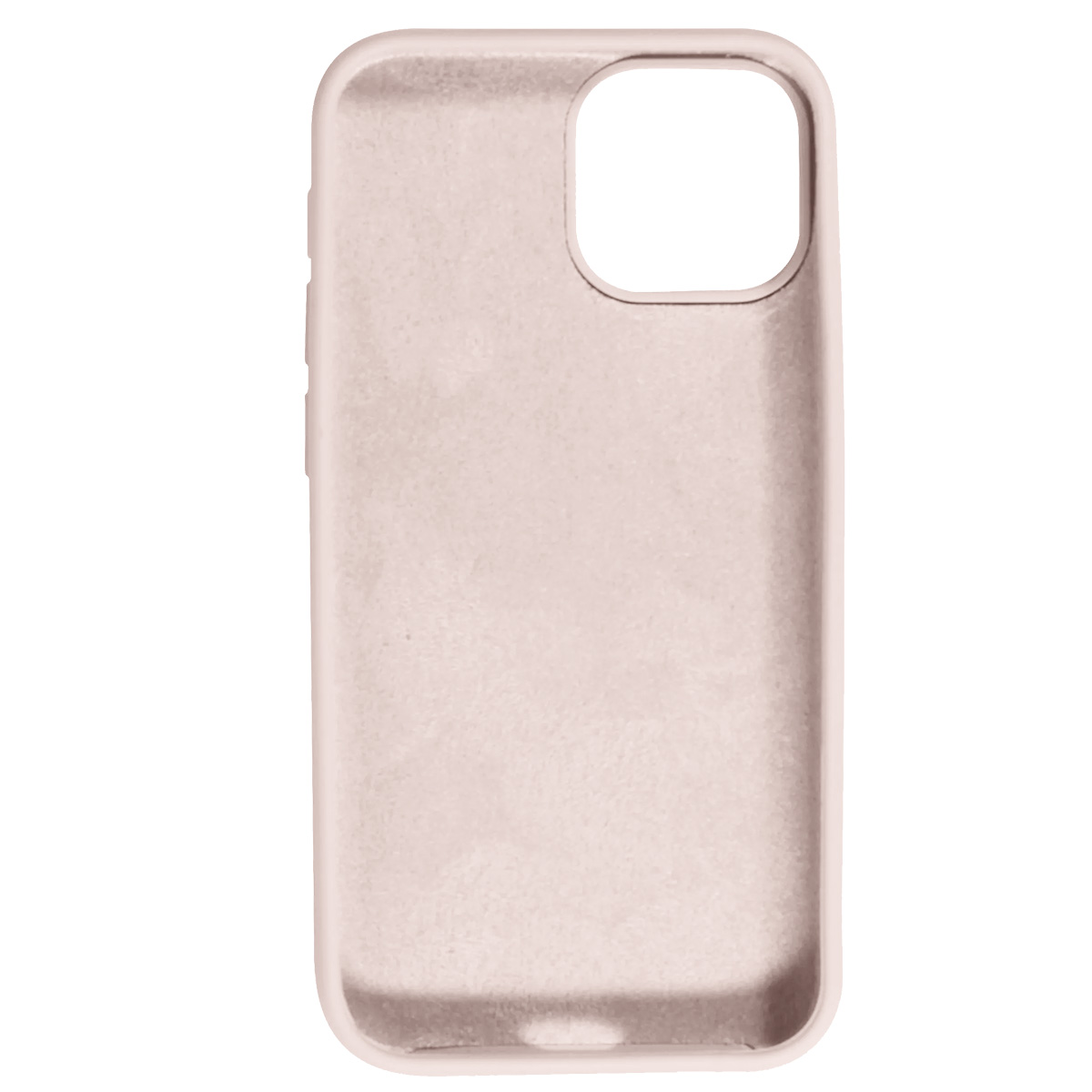 Una custodia per telefono rosa chiaro, vista dall'interno. La custodia ha fori per la fotocamera e i pulsanti. Lo sfondo è bianco.