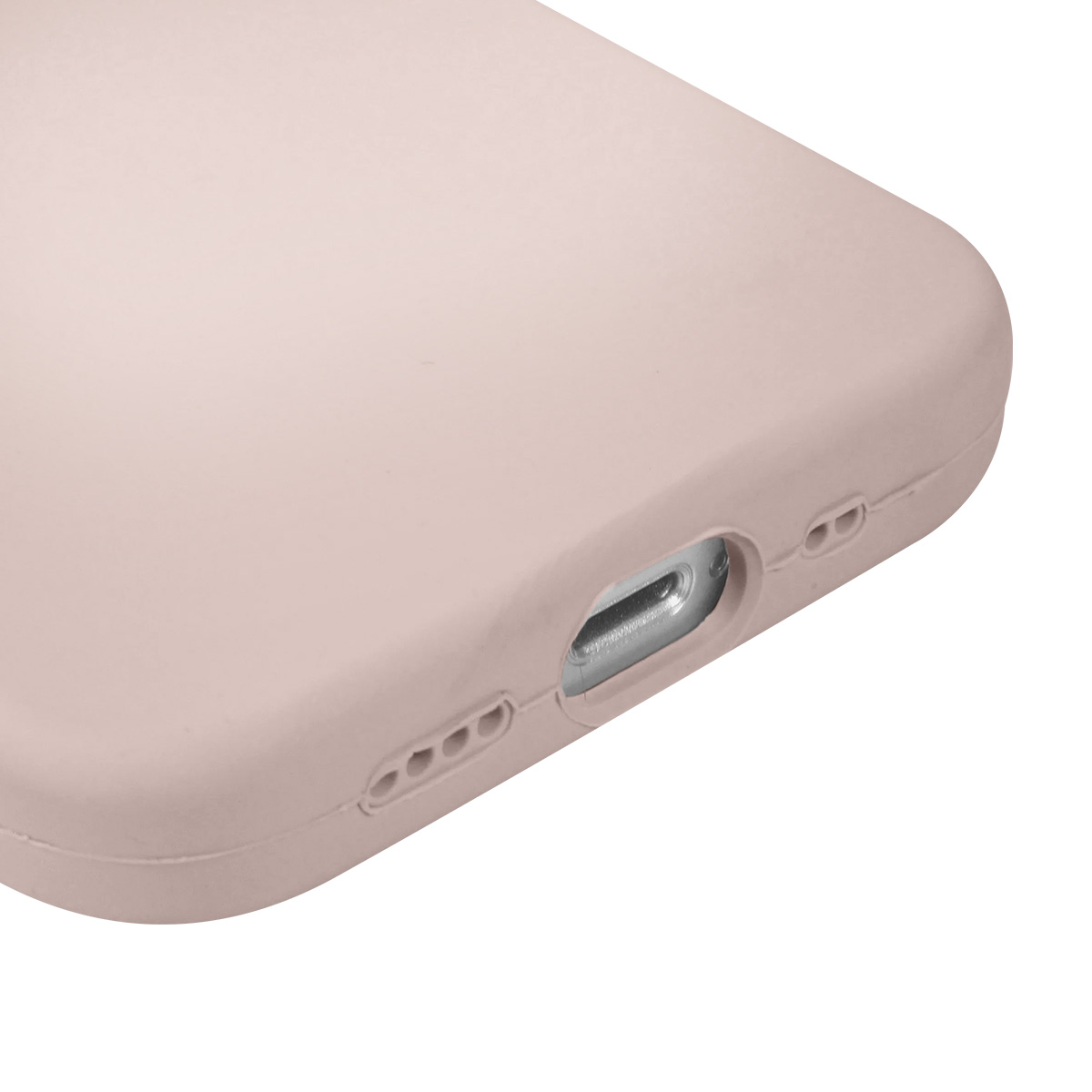 Primo piano di una custodia per telefono rosa con una porta di ricarica e fori per altoparlanti visibili. Sfondo bianco.