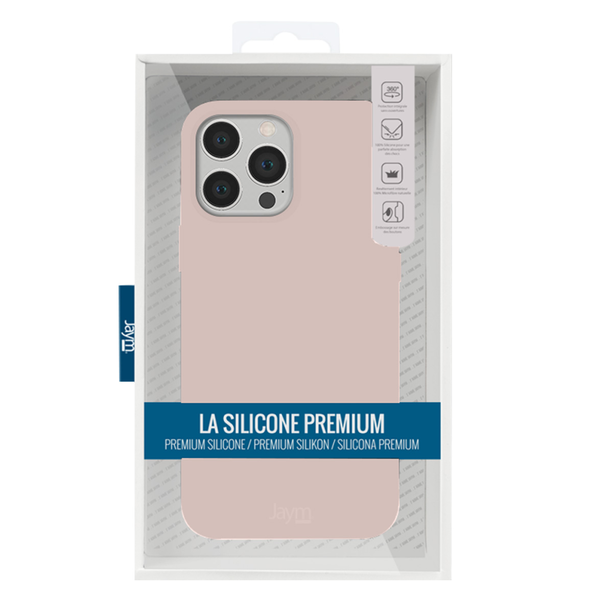 Una custodia per telefono in una confezione trasparente. La custodia è rosa, con un ritaglio per la fotocamera. Testo: 'LA SILICONE PREMIUM' e 'Jaym'.