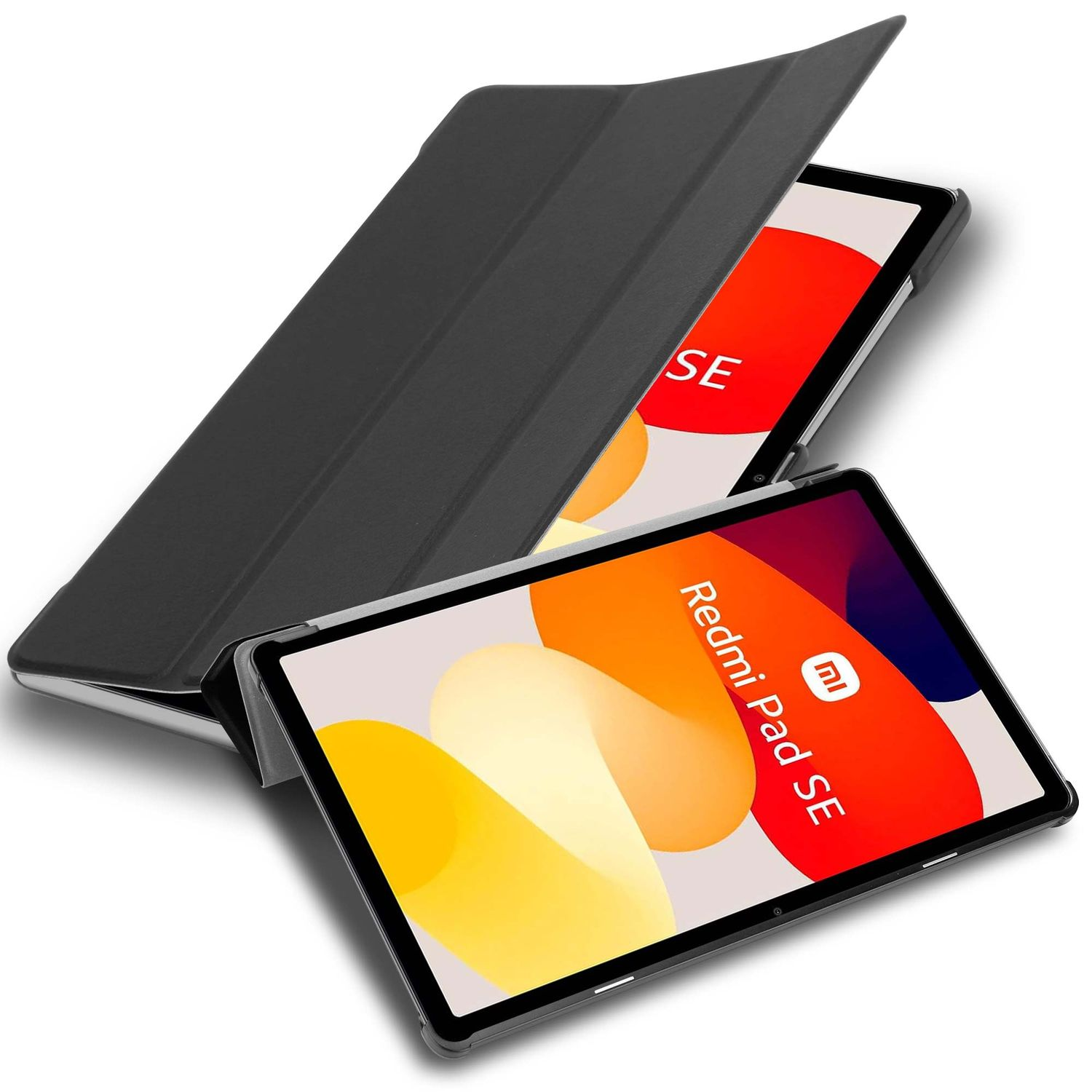 Deux tablettes avec étuis. La tablette du bas affiche "Redmi Pad SE" et un logo. La tablette du haut est partiellement couverte.