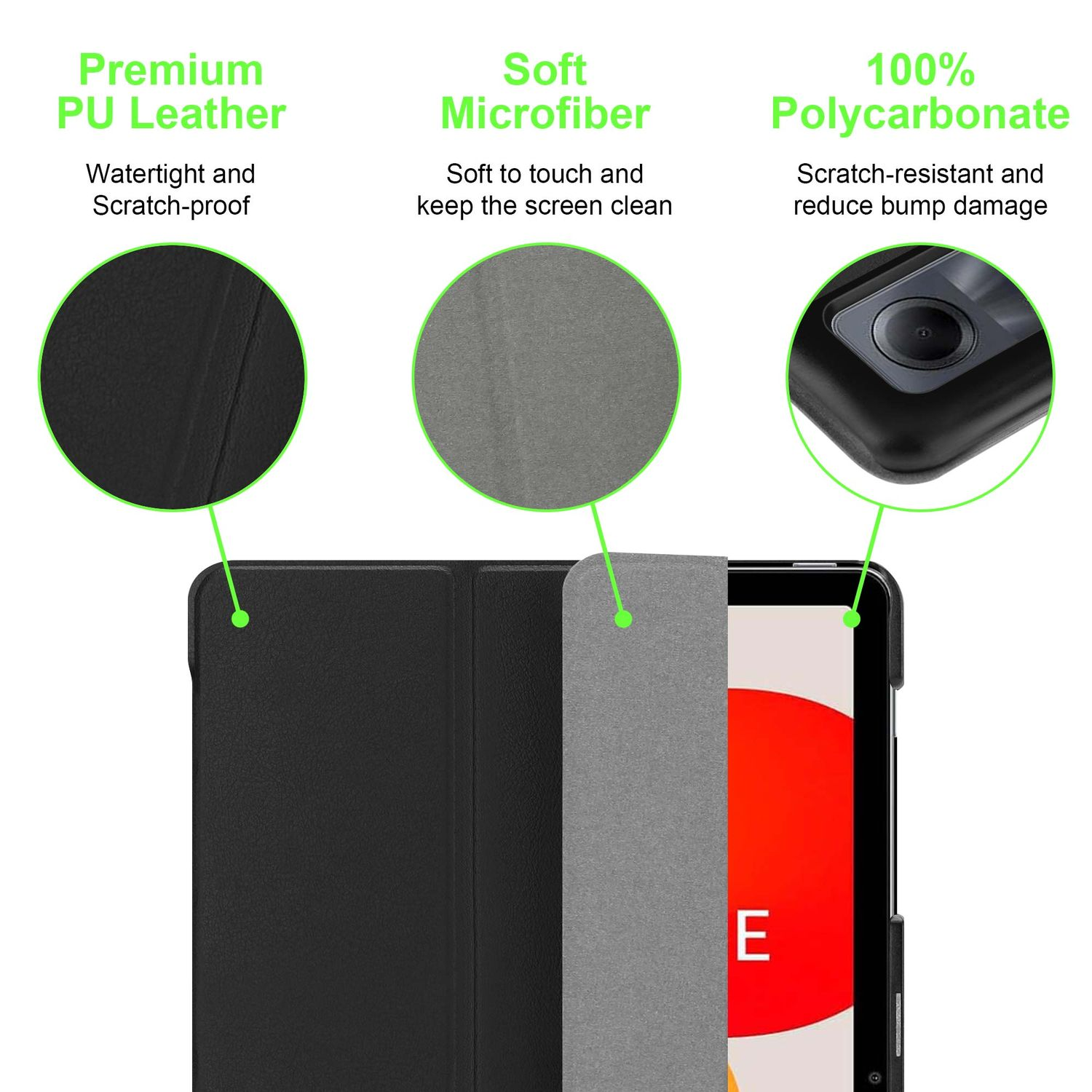 Un étui pour tablette présente du cuir PU, de la microfibre et du polycarbonate. Le texte met en évidence des caractéristiques telles que la résistance aux rayures et le nettoyage de l'écran.
