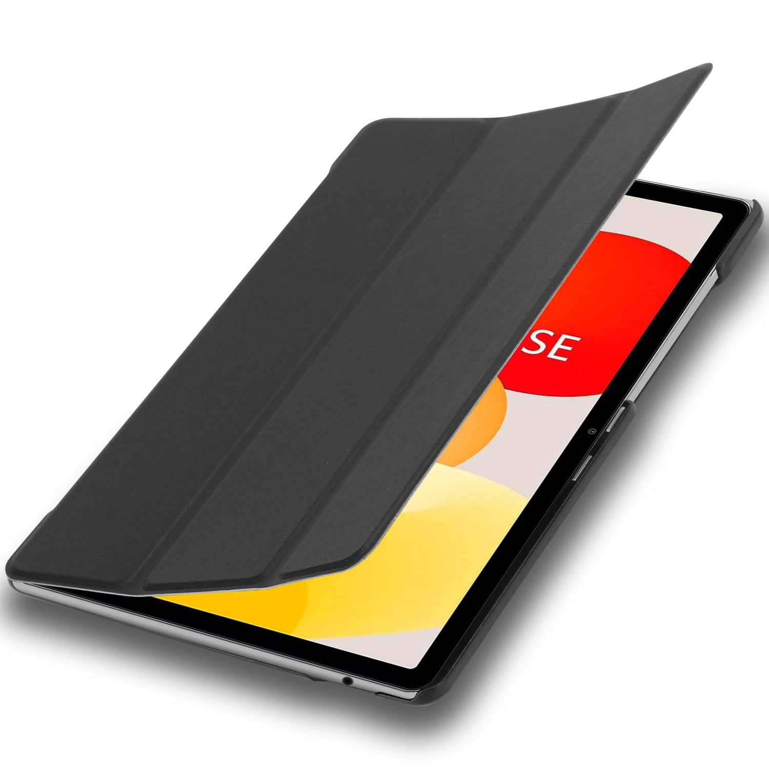 Un étui de tablette noir est partiellement ouvert, révélant l'écran. L'écran affiche un graphique rouge et jaune avec les lettres 'SE'.