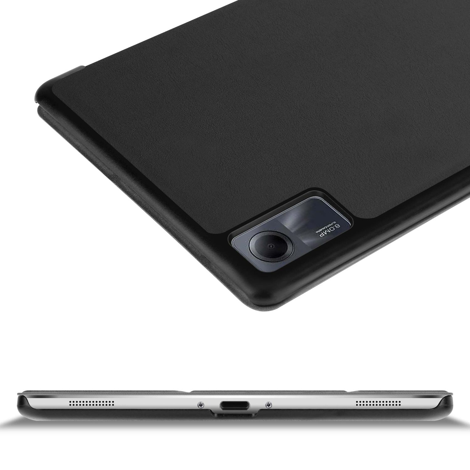 Une tablette noire avec une housse en cuir. La caméra est visible à l'arrière. Le bord inférieur montre des haut-parleurs et un port de charge.