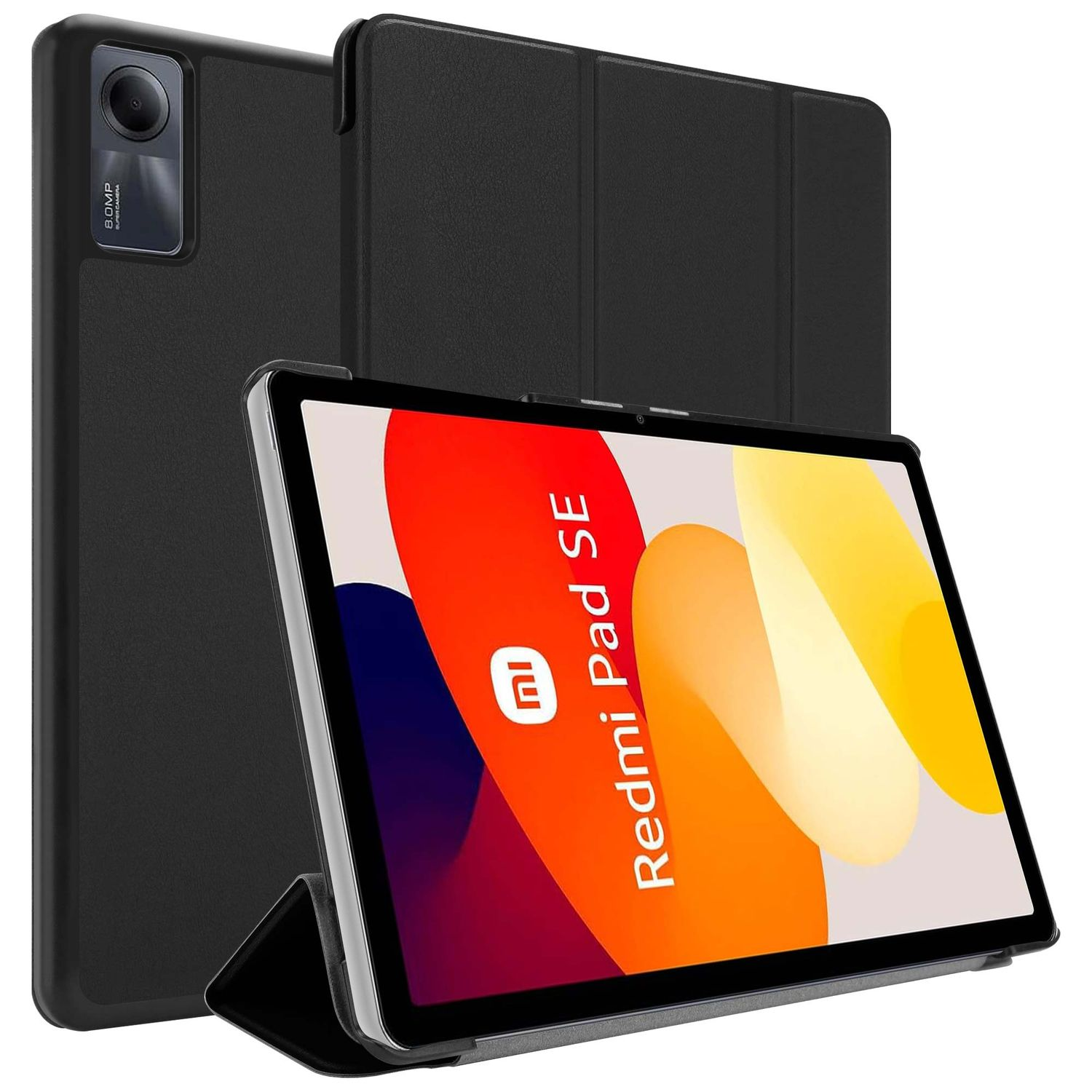 Tablette noire avec écran rouge et jaune, étiquetée 'Redmi Pad SE'. Dans un étui noir, avec caméra latérale.