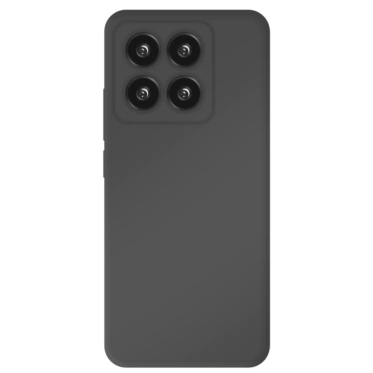 Retro di smartphone grigio con quattro lenti della fotocamera nell'angolo in alto a sinistra. Il telefono è rettangolare con bordi arrotondati.