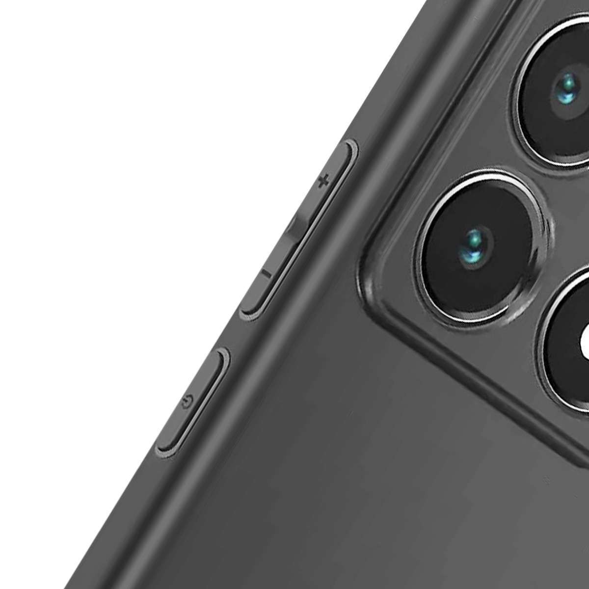 Primo piano di uno smartphone grigio scuro con lenti della fotocamera e pulsanti laterali. Sono visibili tre lenti. Lo sfondo è bianco.