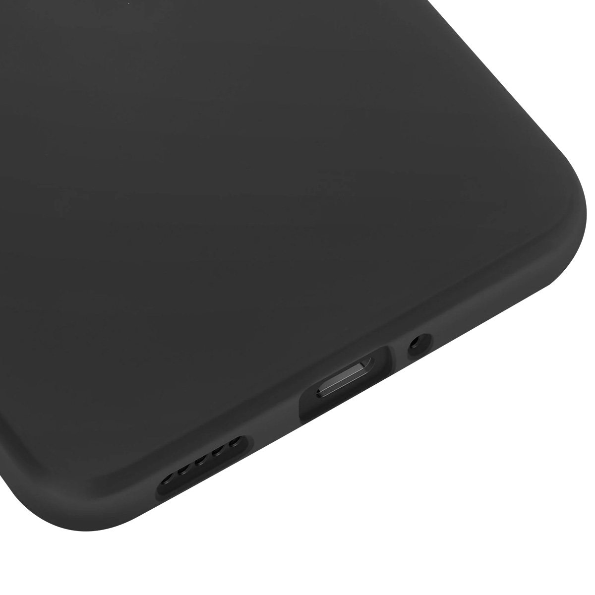 Primo piano di una custodia per telefono nera. La custodia ha una superficie liscia con fori per altoparlanti e porta di ricarica visibili.
