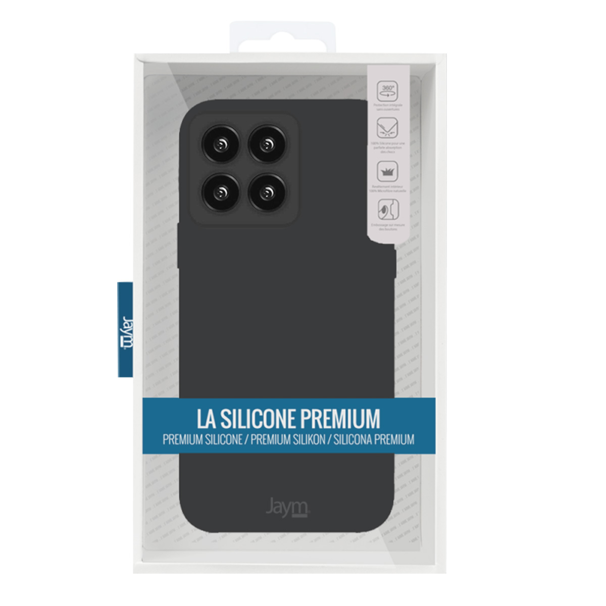 Una custodia nera per telefono in una scatola trasparente. La custodia ha quattro ritagli per la fotocamera. Testo: 'LA SILICONE PREMIUM' e 'Jaym'.