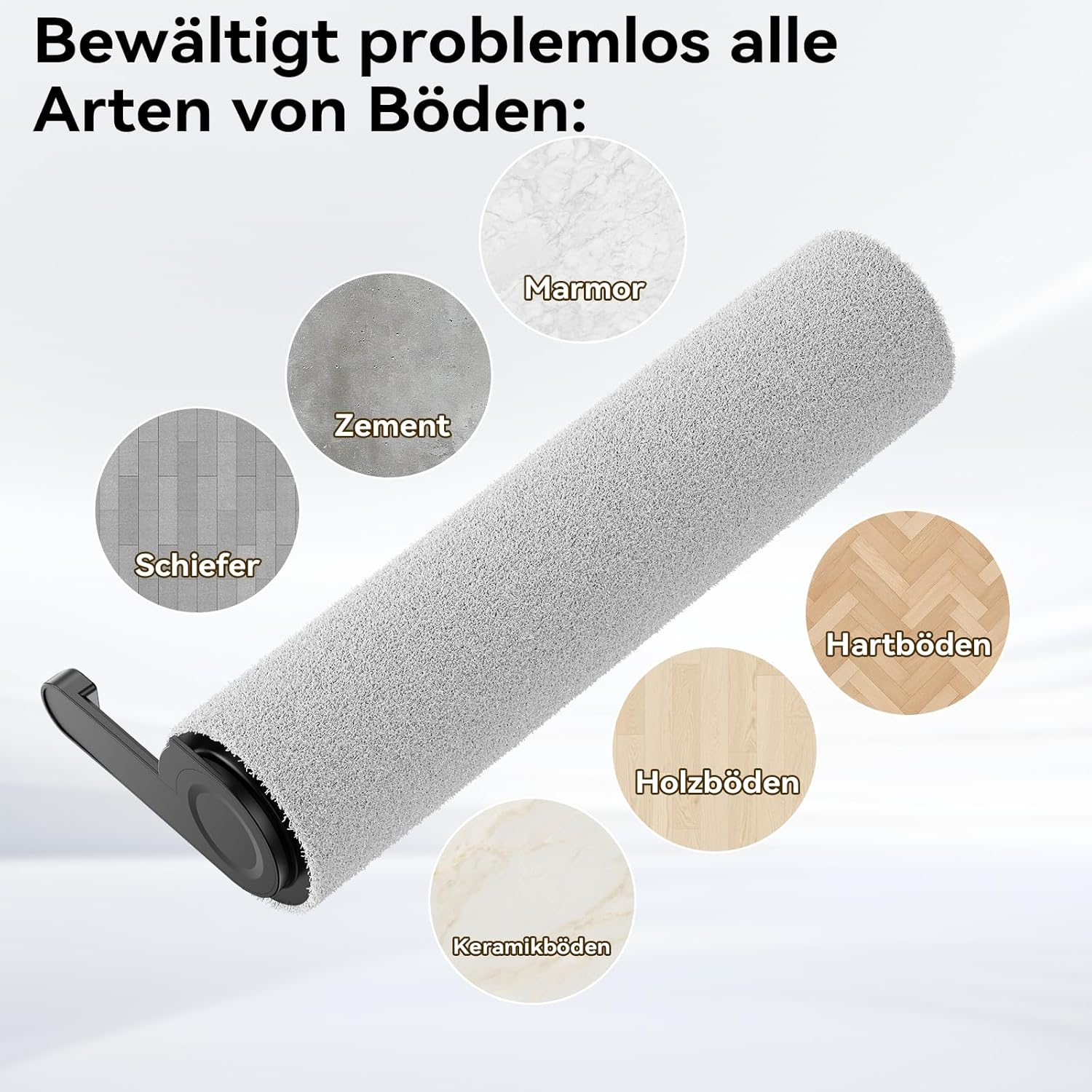 Eine Reinigungsrolle mit verschiedenen Bodenproben: Marmor, Zement, Schiefer, Hartholz, Holzböden und Keramikböden.