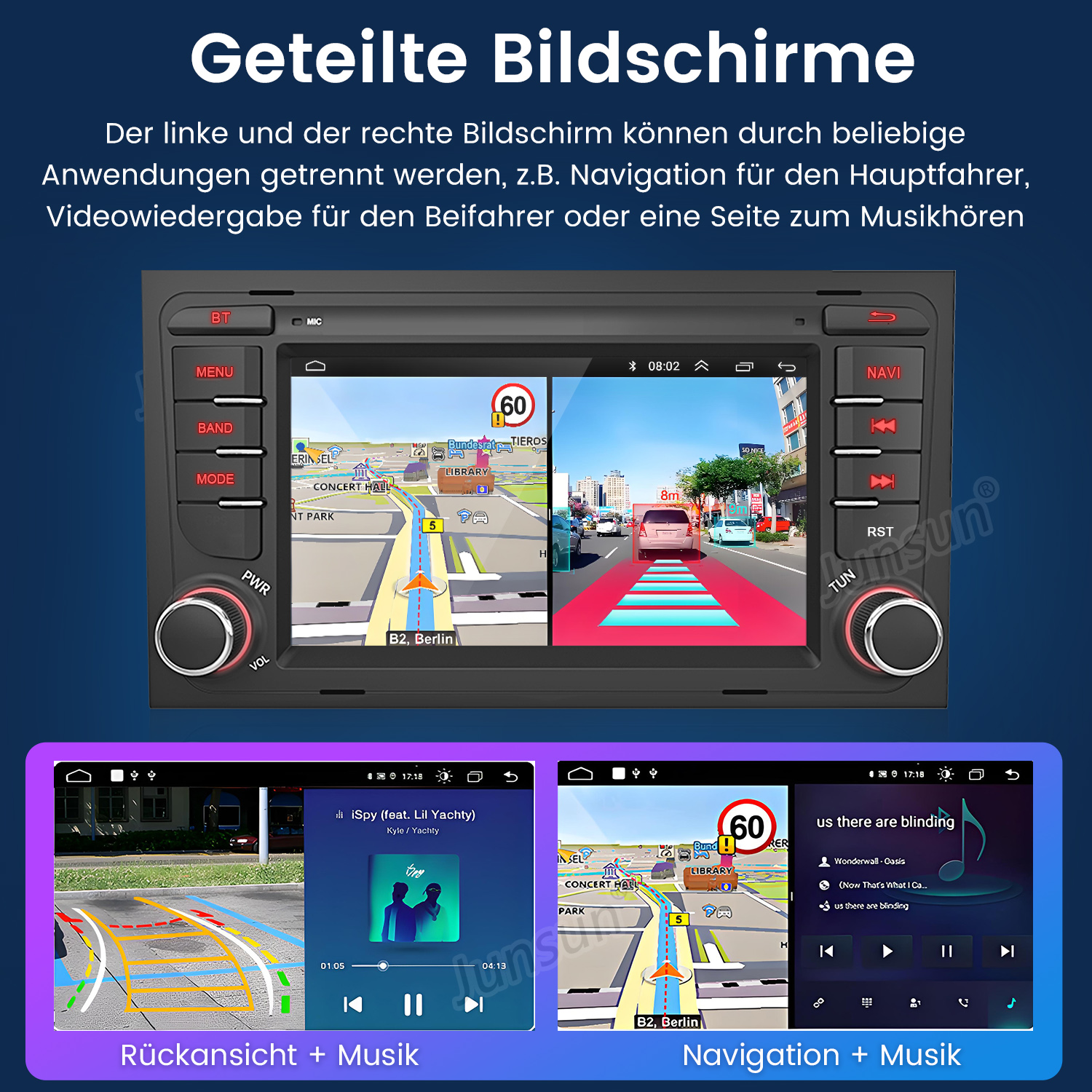 Auto-Infotainmentsystem mit Navigation und Musikwiedergabe, geteilter Bildschirm. Zeigt Karte, Geschwindigkeit und Musiksteuerung.