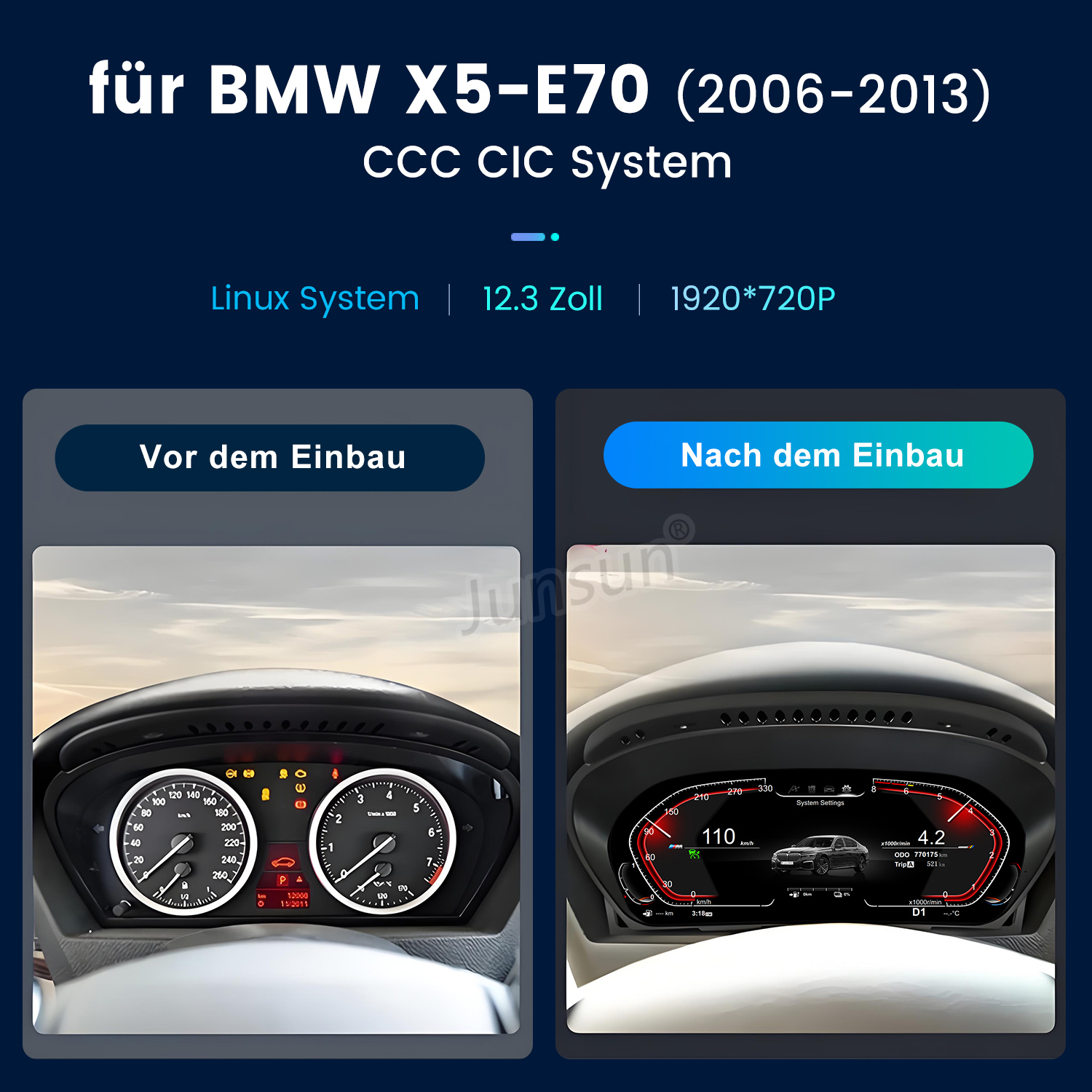 Vergleich von Auto-Armaturenbrettern vor und nach der Modifikation. Links analoge Zifferblätter, rechts digitale Oberfläche.