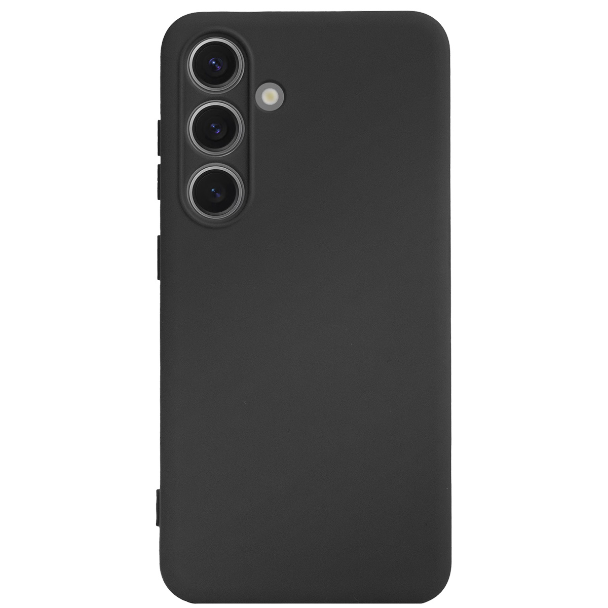 Custodia nera per telefono con tre lenti della fotocamera e un flash. La custodia è rettangolare e ha angoli arrotondati. Sfondo bianco.