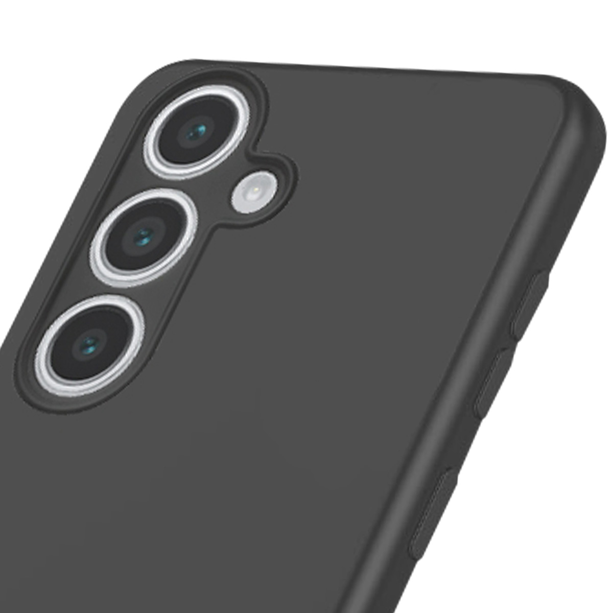 Primo piano di una custodia nera per telefono con tre obiettivi e un flash. Il lato ha dei pulsanti. La custodia è angolata verso lo spettatore.