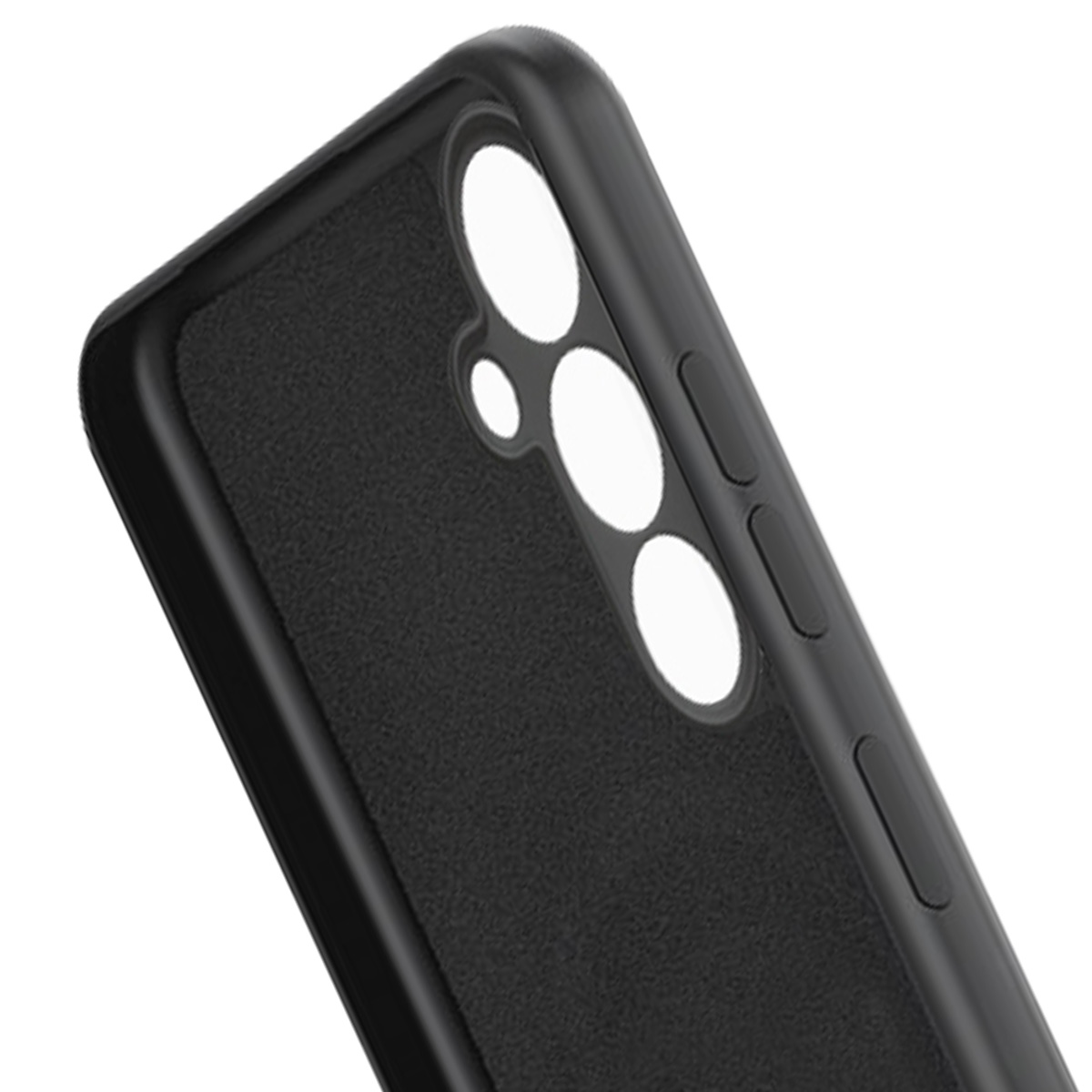Primo piano di una custodia nera per telefono. Ha ritagli per la fotocamera e pulsanti laterali. La custodia sembra strutturata.