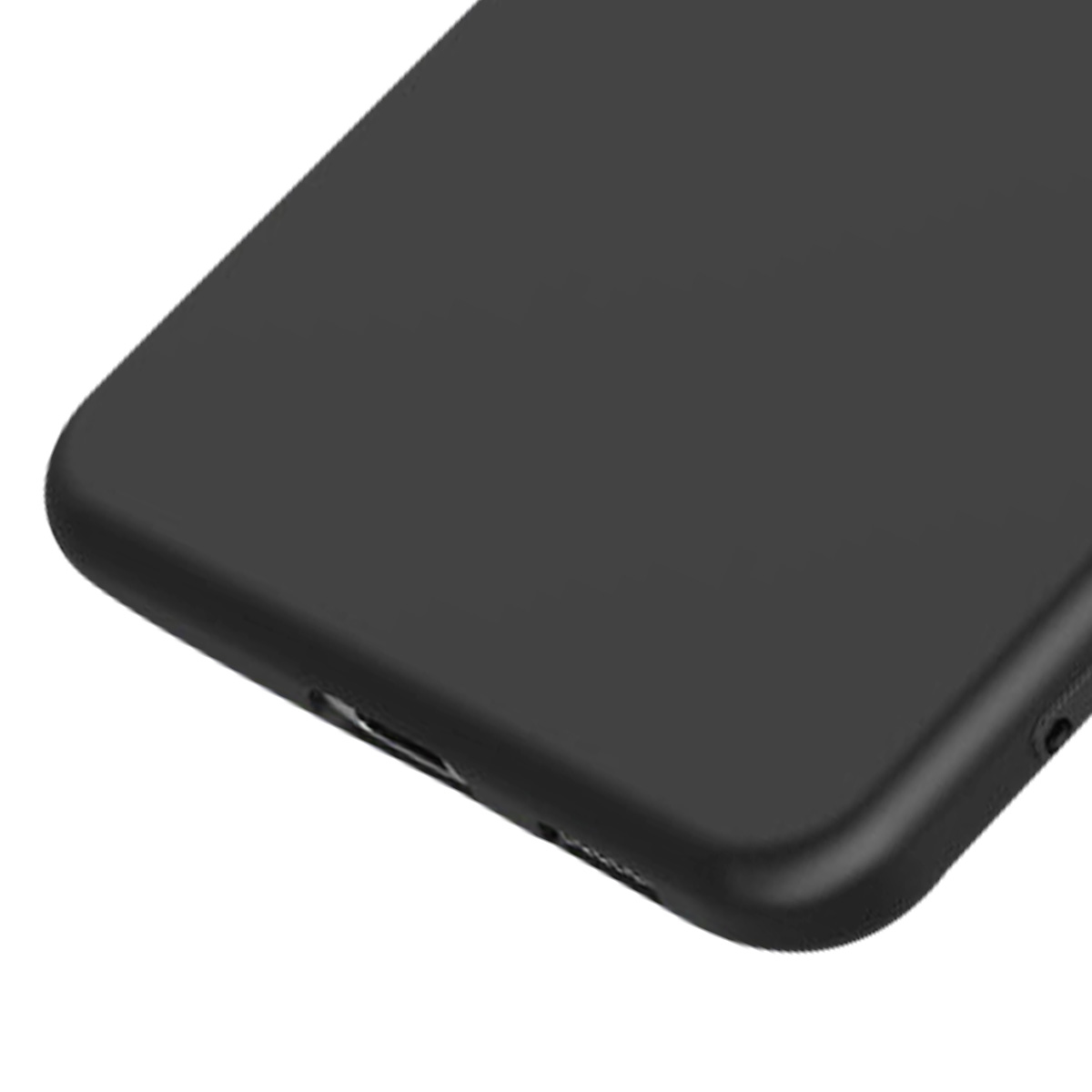 Primo piano di uno smartphone nero. Il telefono è angolato, mostrando il lato e la parte superiore. È visibile uno sfondo bianco.
