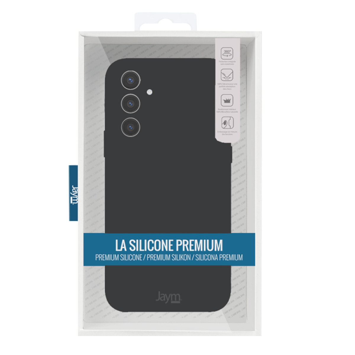 Una custodia nera per telefono in una confezione trasparente, etichettata 'LA SILICONE PREMIUM'. Il marchio 'Jaym' è visibile.