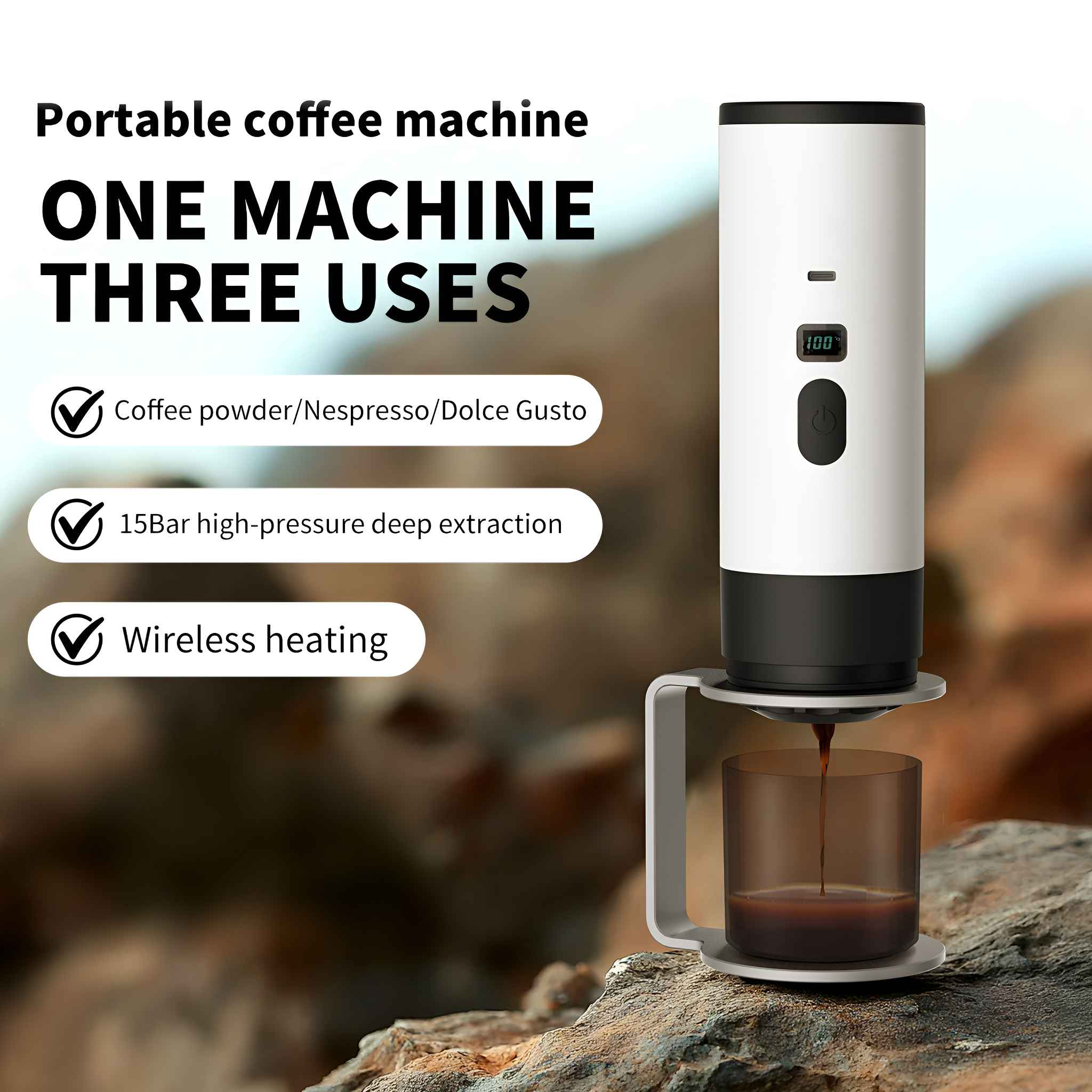 Tragbare Kaffeemaschine, weiß und schwarz, gibt Kaffee in ein Glas aus. Merkmale: kabellose Heizung und 15Bar Extraktion.