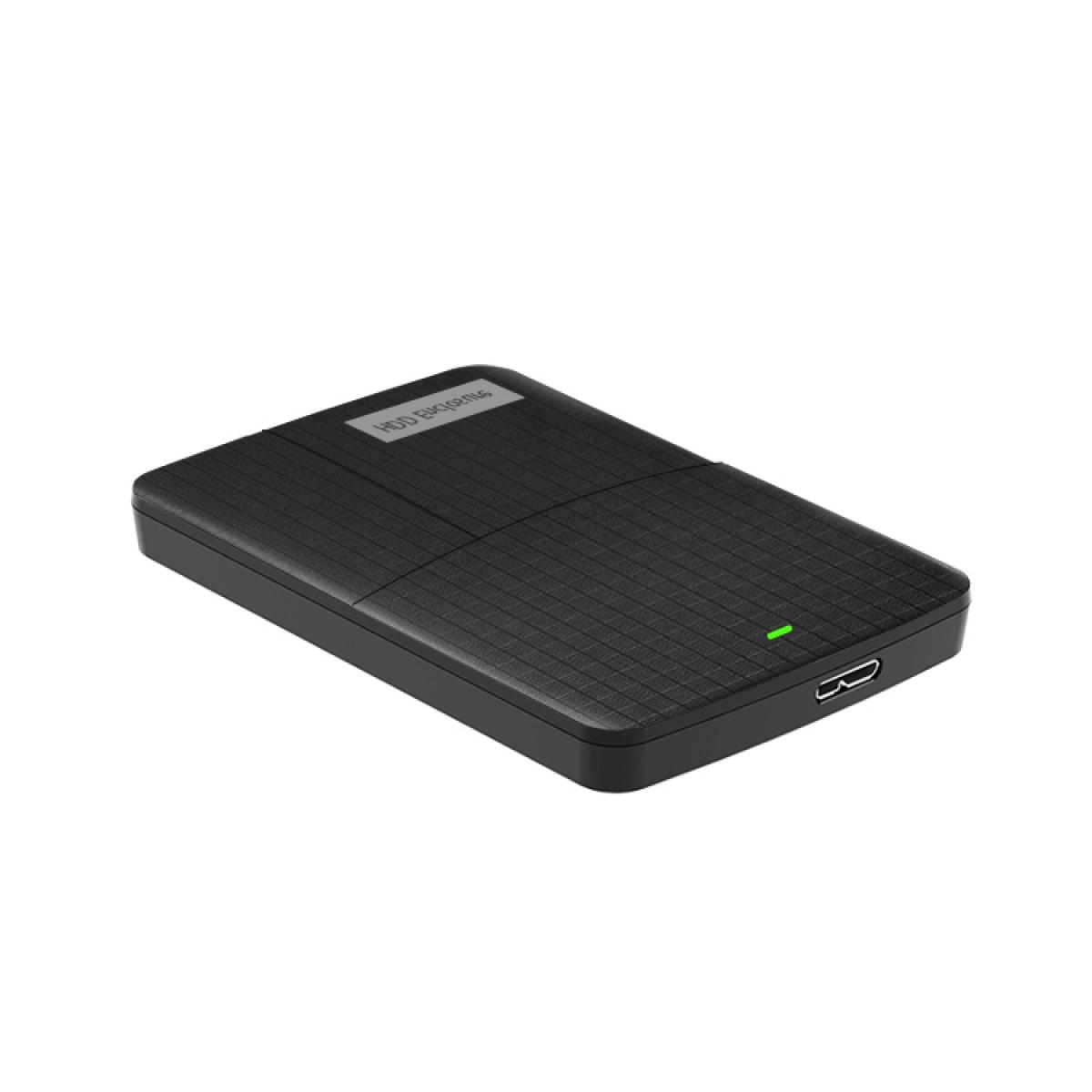 Eine schwarze externe Festplatte auf weißem Grund. Sie hat eine strukturierte Oberfläche, ein grünes Licht und einen USB-Anschluss.