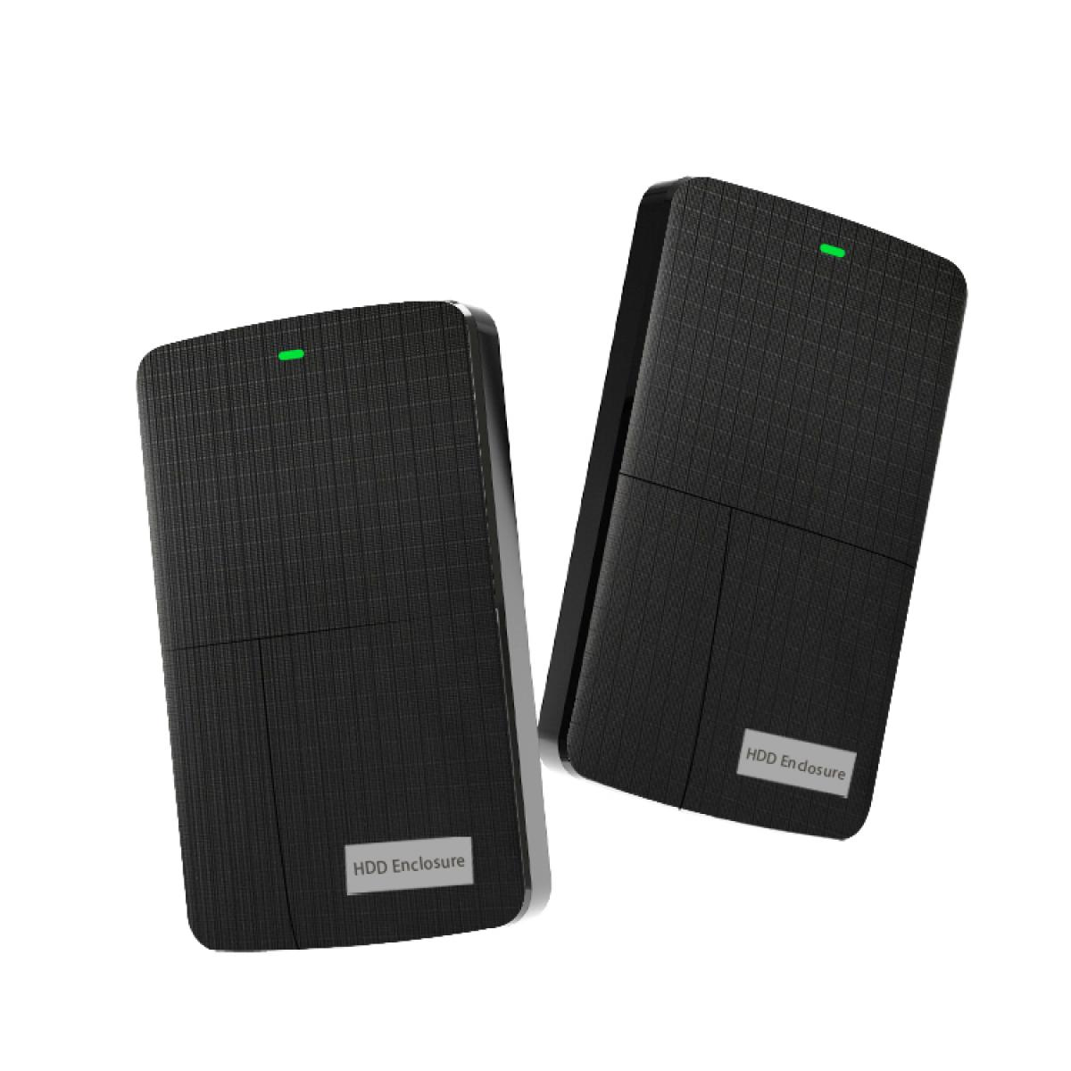 Zwei schwarze HDD-Gehäuse mit grünen Betriebsanzeigen. Jedes hat die Aufschrift "HDD-Gehäuse". Der Hintergrund ist weiß.
