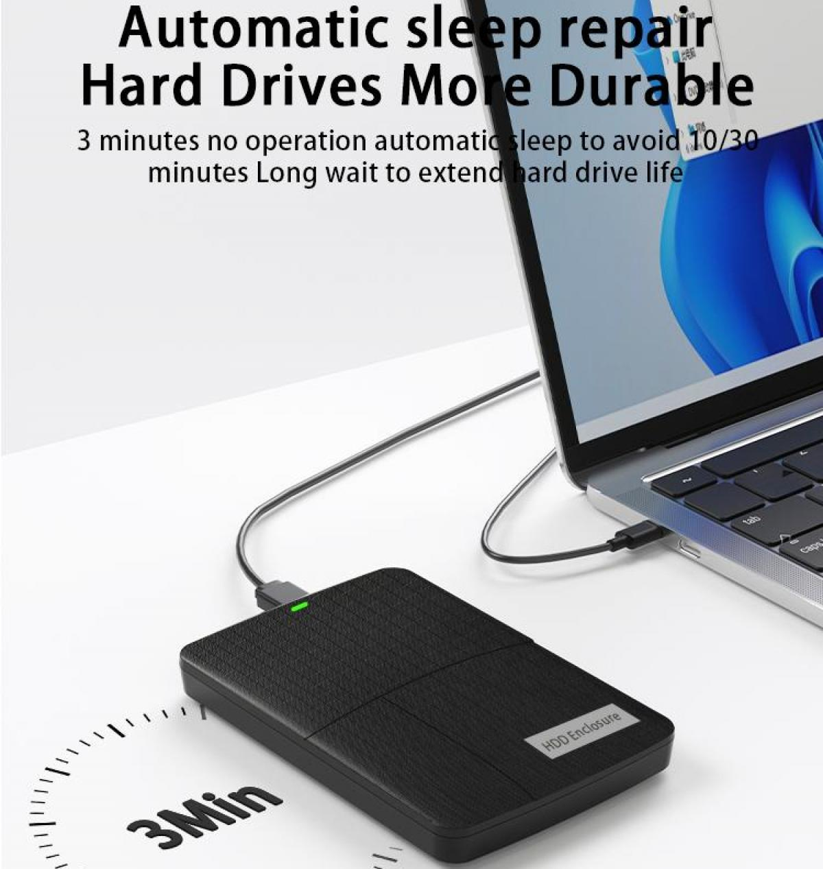 Schwarze externe Festplatte, die an einen Laptop angeschlossen ist. Text enthält 'Automatic sleep repair' und 'HDD Enclosure'.