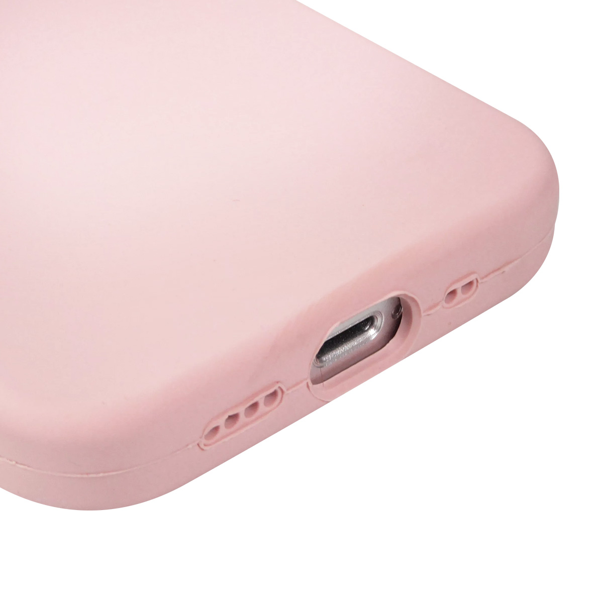 Un primo piano di una custodia rosa per telefono. La custodia ha una porta di ricarica e fori per l'altoparlante. Lo sfondo è bianco.