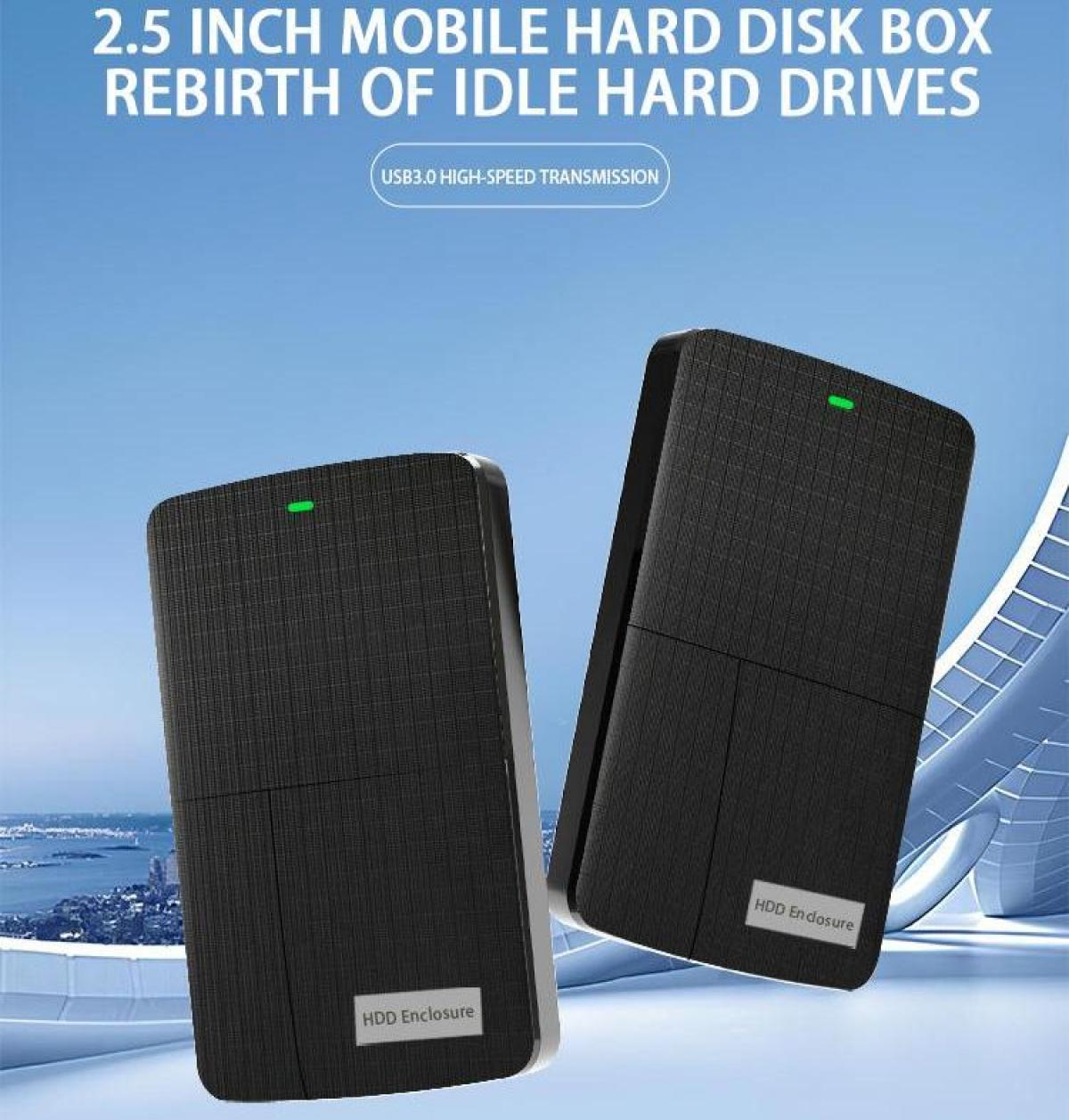 Zwei schwarze HDD-Gehäuse mit einem grünen Licht oben, beschriftet mit 'HDD-Gehäuse'. Der Text oben lautet '2,5-Zoll-Mobile-Festplattenbox'.