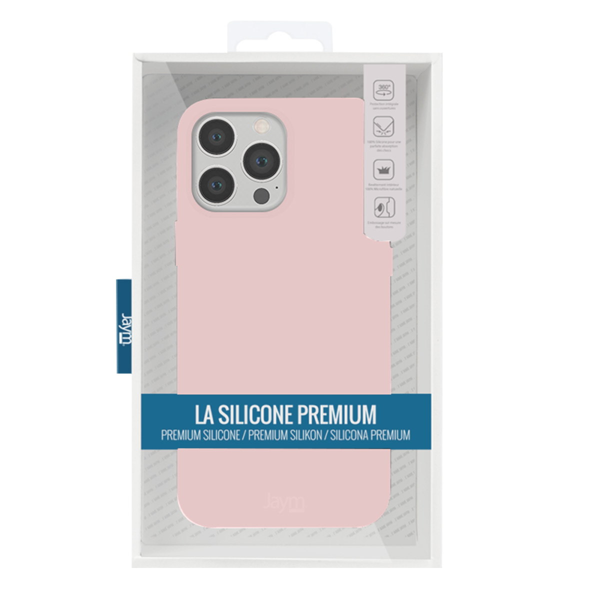 Una custodia rosa per telefono in una confezione trasparente. La confezione dice 'LA SILICONE PREMIUM'. Il marchio è 'Jaym'.
