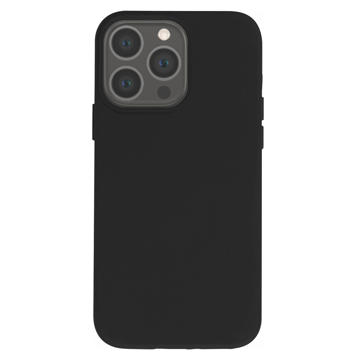 Una custodia nera per telefono con un modulo fotocamera con tre obiettivi e un flash. Lo sfondo è bianco.