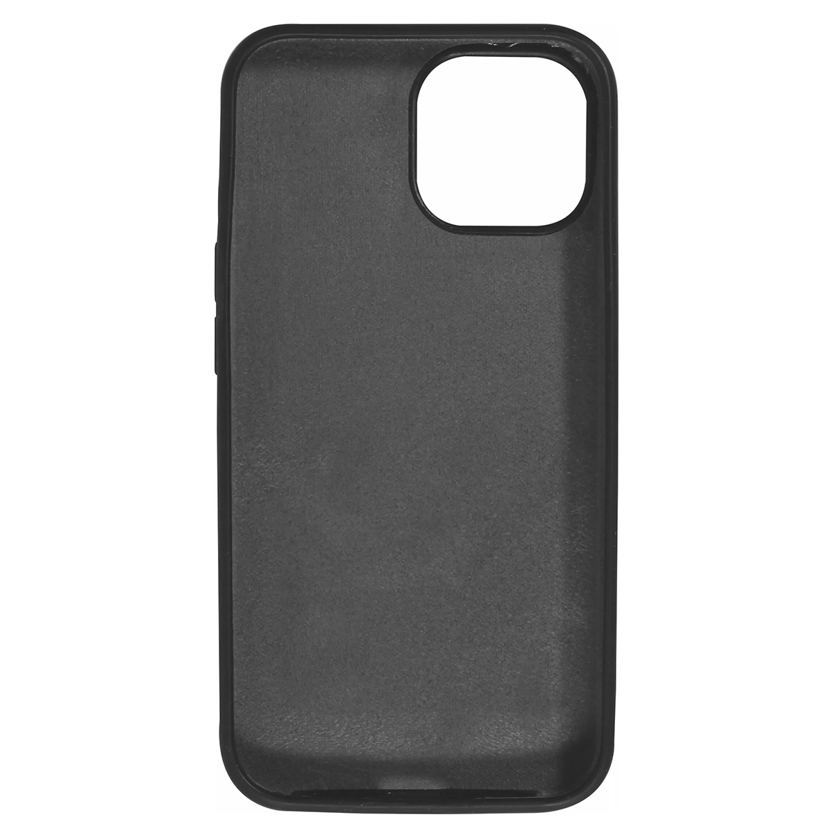 Una custodia per telefono nera, con un ritaglio per la fotocamera e rientranze per i pulsanti. Su sfondo bianco e leggermente strutturata.