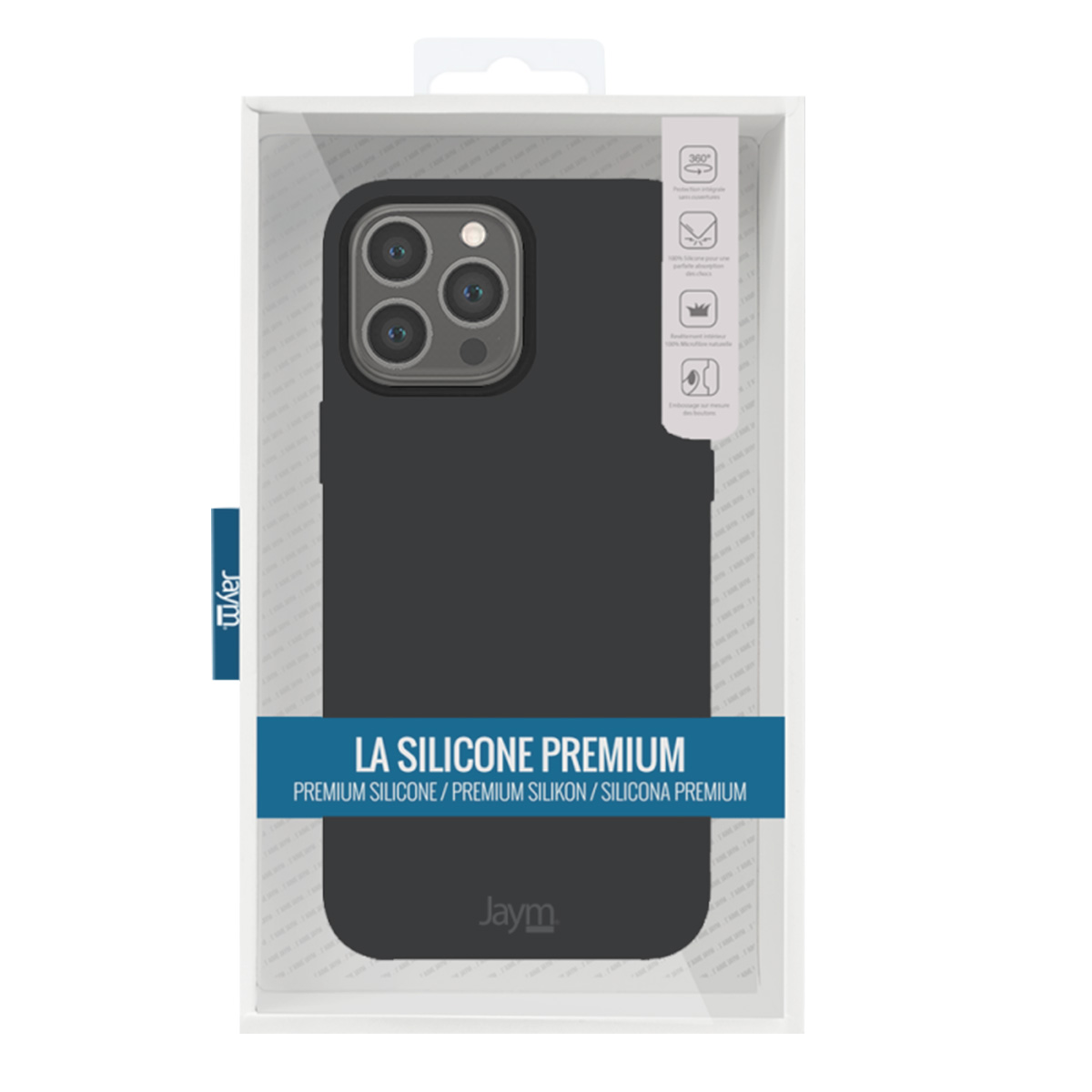 Una custodia nera per telefono all'interno di una scatola di plastica trasparente. La custodia mostra l'area della fotocamera. Il testo recita 'LA SILICONE PREMIUM' e il marchio 'Jaym'.