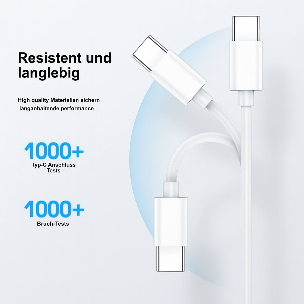 Weiße USB-C-Kabel auf hellblauem Hintergrund. Text auf Deutsch: 'Resistent und langlebig'. Zahlen zeigen durchgeführte Tests.