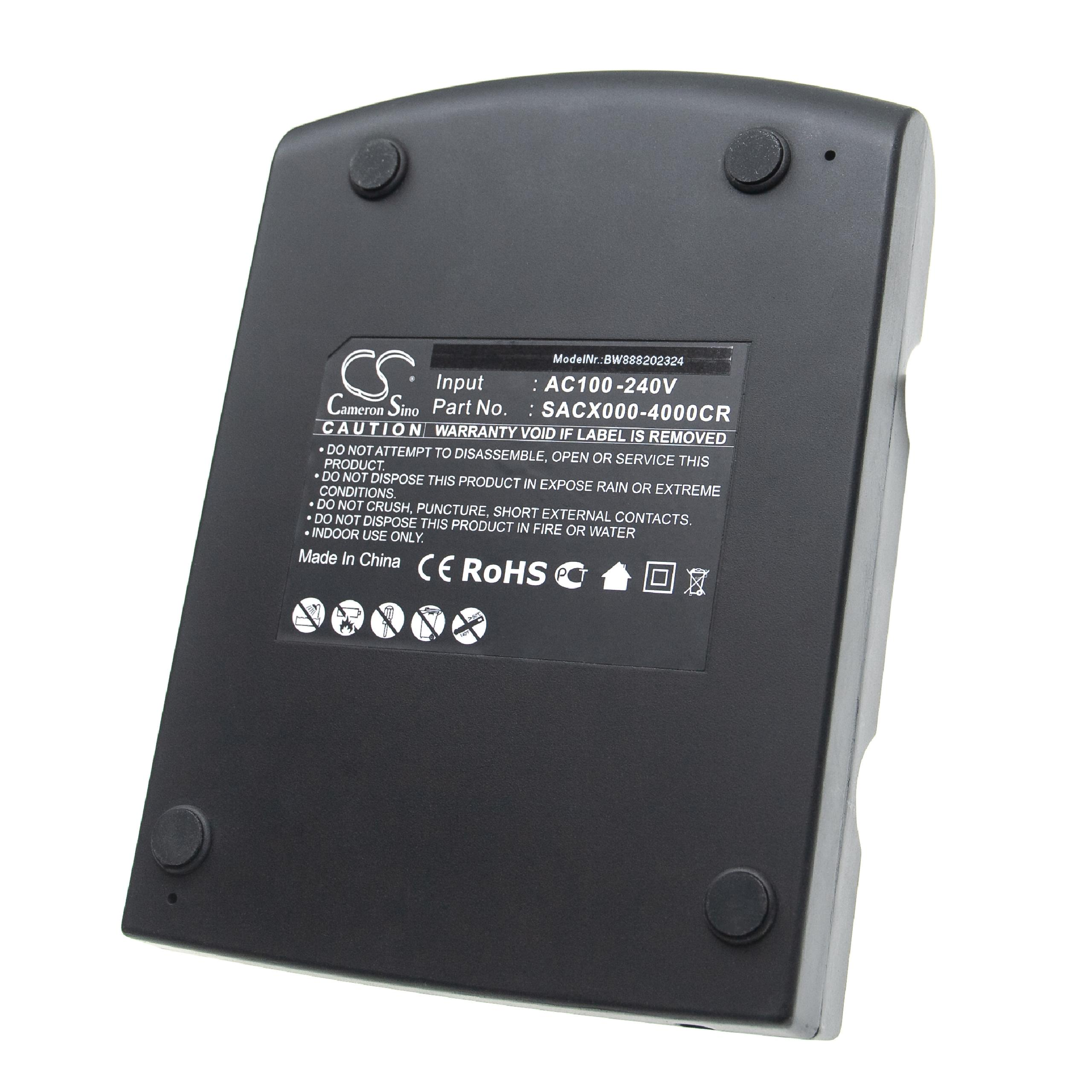Schwarzes Batterieladegerät mit Warnhinweisen. Es hat Gummifüße und Text mit technischen Details. Weißer Hintergrund.
