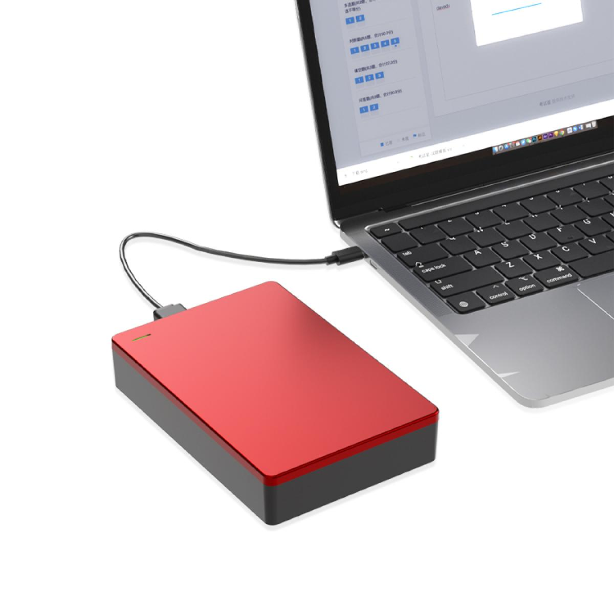 Eine rote externe Festplatte ist über ein USB-Kabel mit einem Laptop verbunden. Der Laptop-Bildschirm ist geöffnet und zeigt Daten an.