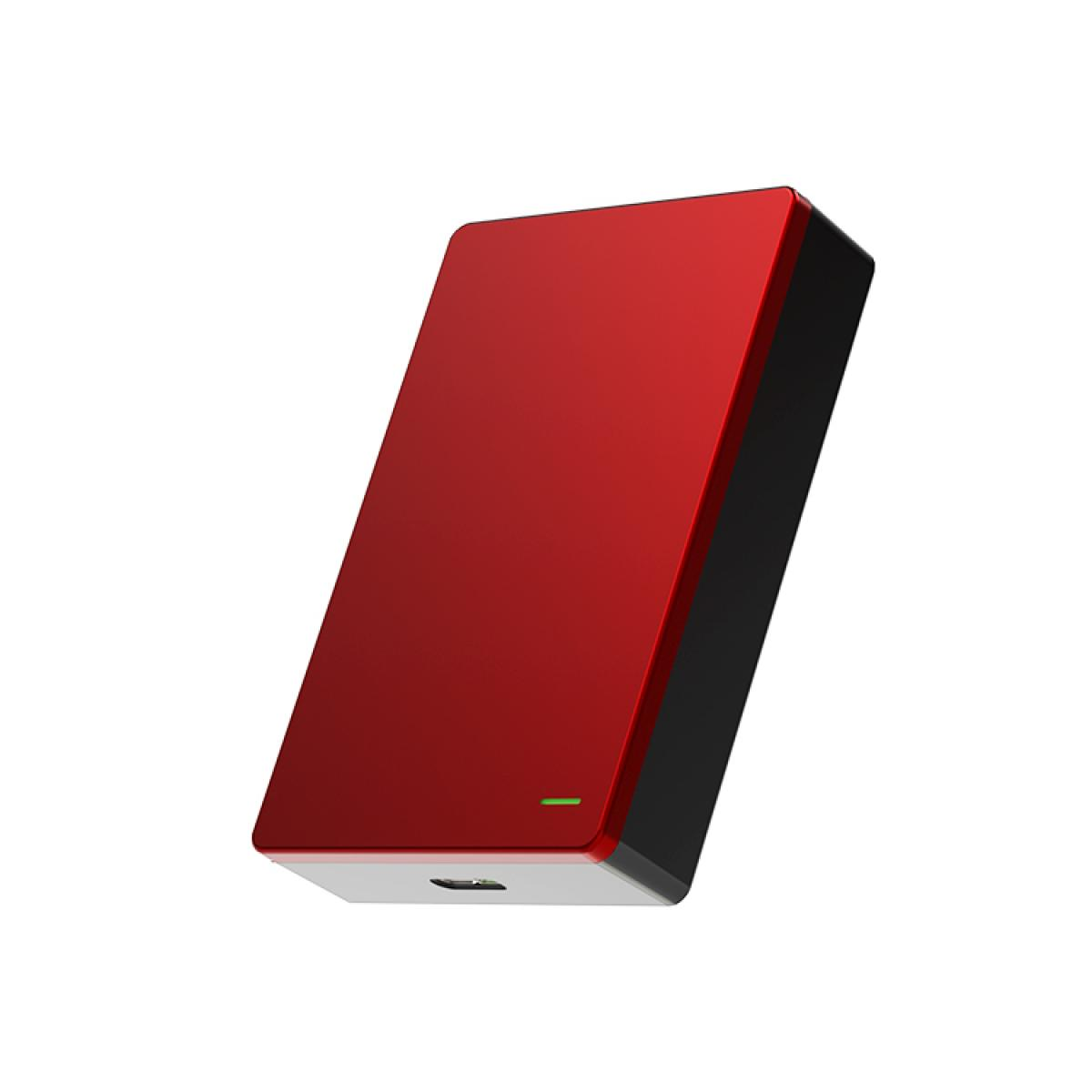 Ein rotes und schwarzes rechteckiges Gerät, möglicherweise eine externe Festplatte, mit einem grünen Licht und einem USB-Anschluss auf weißem Hintergrund.