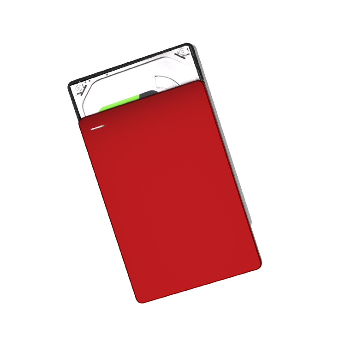 Eine rote externe Festplatte auf weißem Hintergrund. Oben sind die Scheibe und ein grünes Licht zu sehen. Die Festplatte ist abgewinkelt.