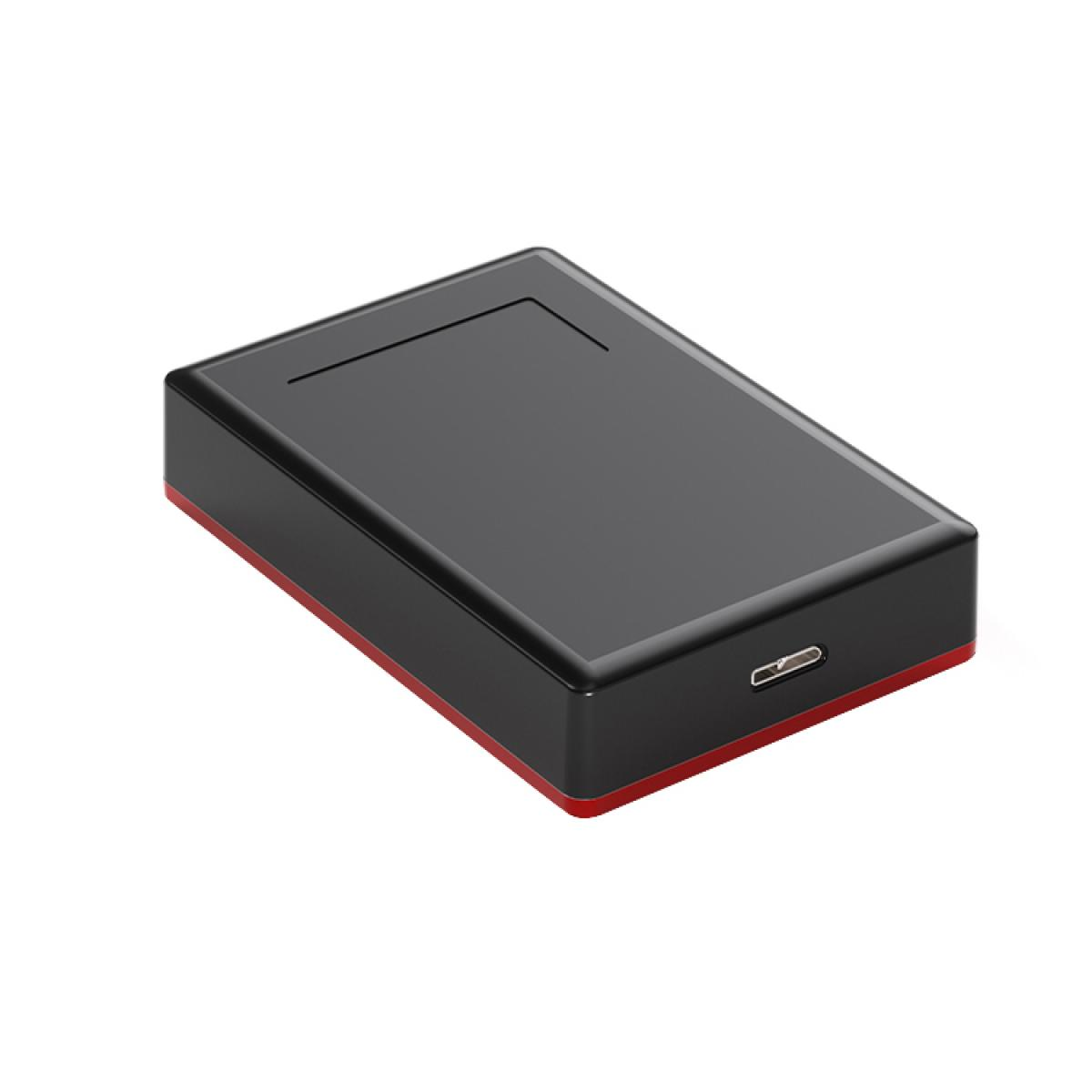 Schwarzes rechteckiges Gerät mit roter Basis und USB-Anschluss auf weißem Hintergrund.