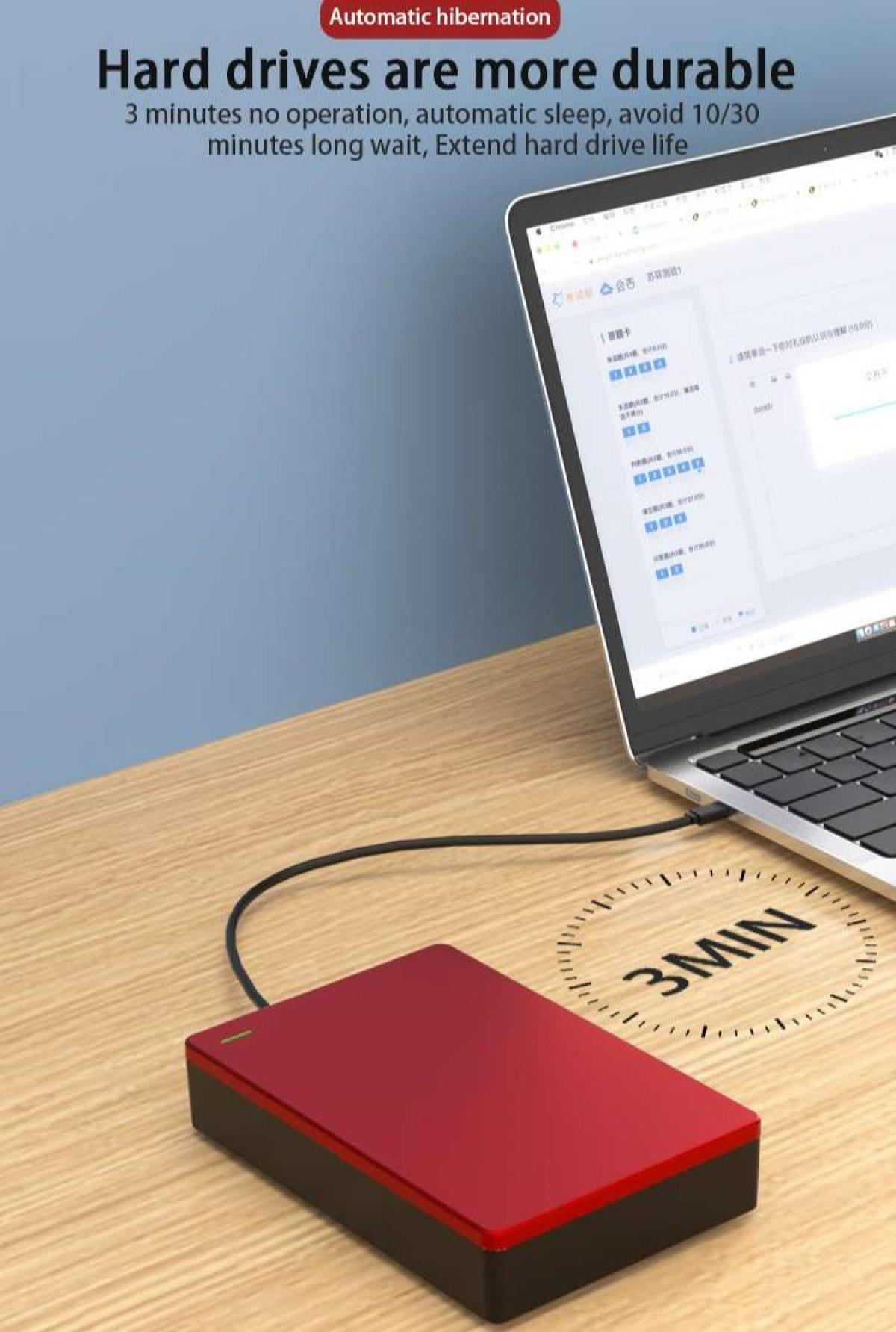 Eine rote Festplatte, die mit einem Laptop verbunden ist. Eine Uhr mit '3MIN' liegt auf dem Tisch. Text: Festplatten sind haltbarer.