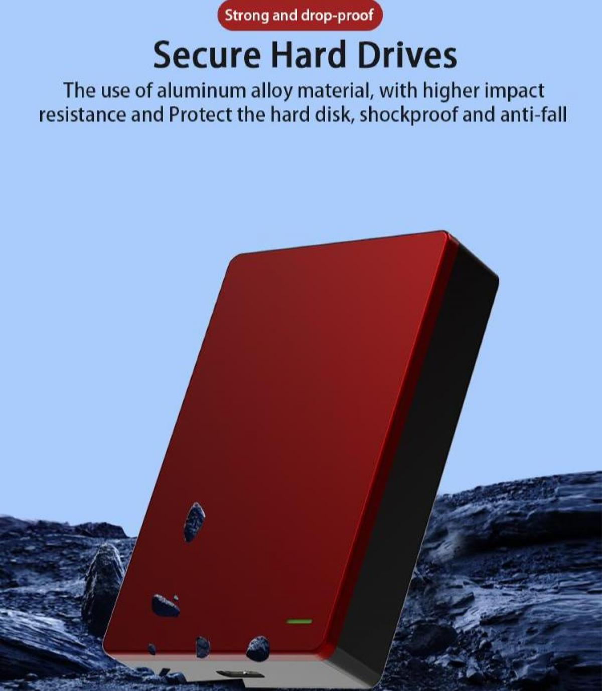 Auf blauem Hintergrund wird eine rote Festplatte gezeigt. Oben steht "Secure Hard Drives", darunter ergänzender Text.