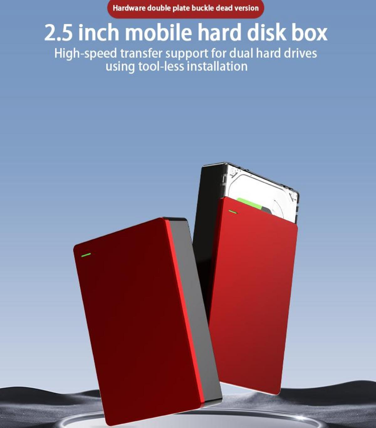 Zwei rote Festplattenboxen, eine offen mit sichtbarer silberner Festplatte. Text: 2,5 Zoll mobile Festplattenbox. Weißer Hintergrund.
