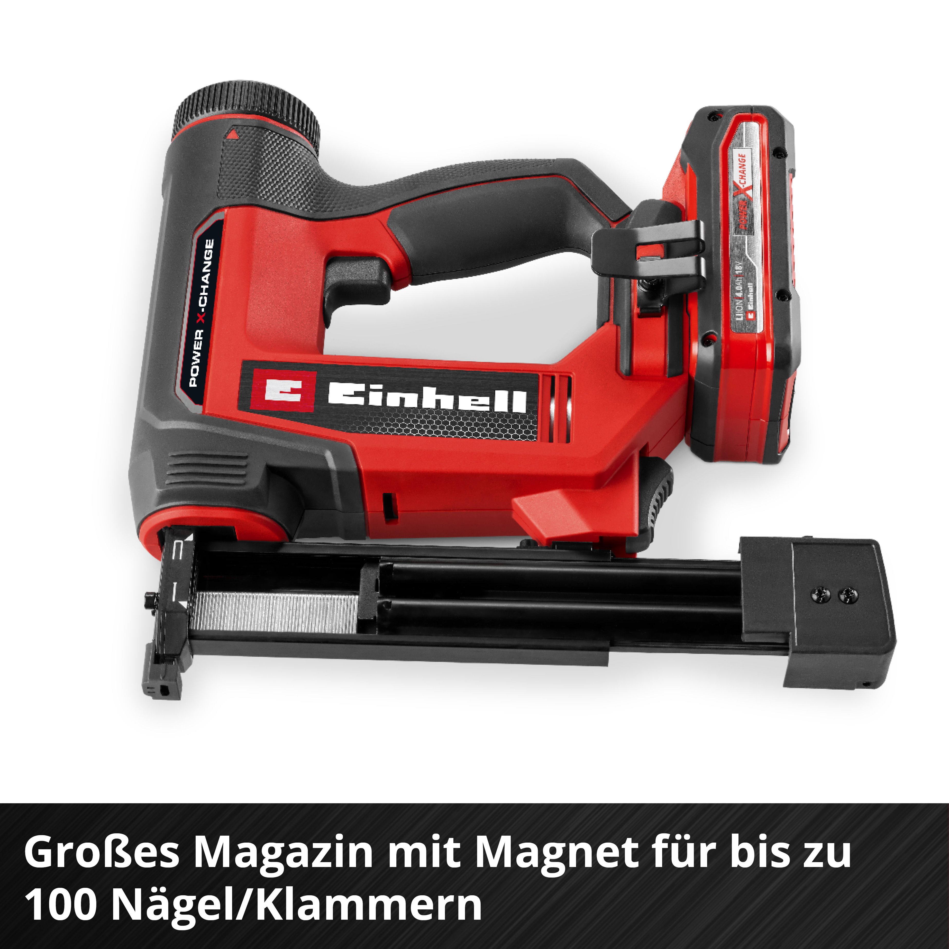 Rote und schwarze Einhell Nagelpistole, Batterie befestigt. Sie hat ein großes Magazin für bis zu 100 Nägel.