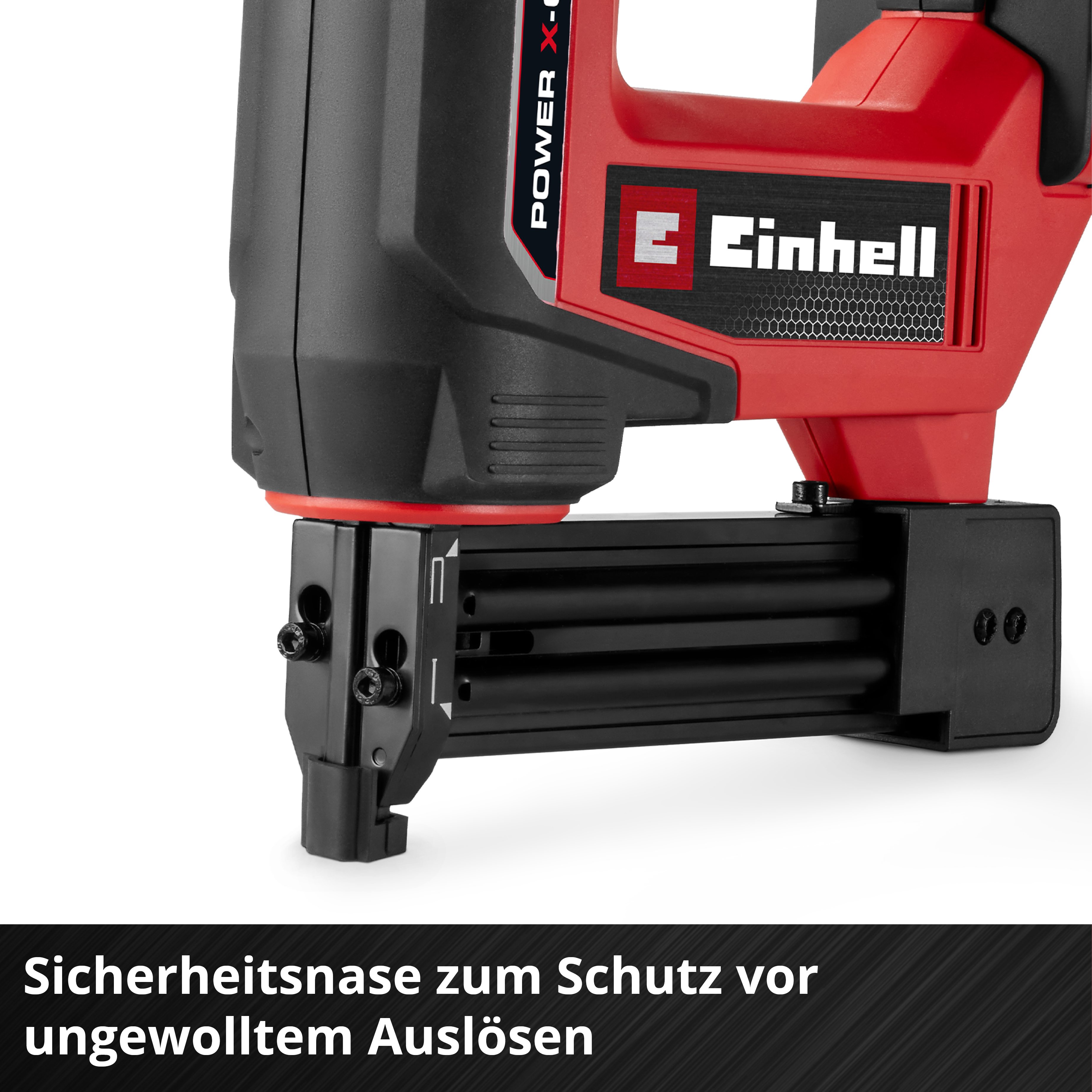 Eine rot-schwarze Nagelpistole. Die Marke ist Einhell. Die Sicherheitsnase schützt vor unbeabsichtigtem Auslösen.
