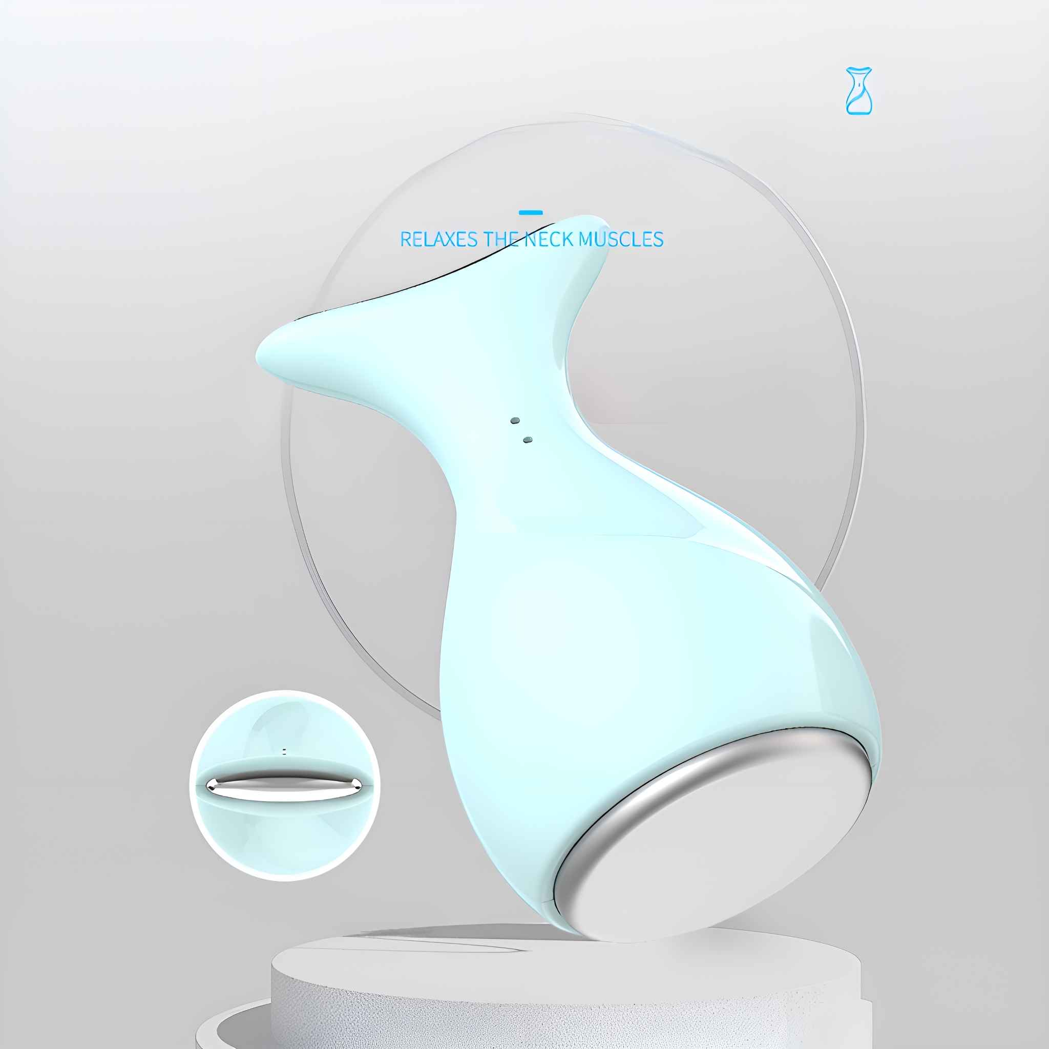 Ein hellblauer Nackenmassager wird auf einer weißen Oberfläche angezeigt, um die Nackenmuskulatur zu entspannen.