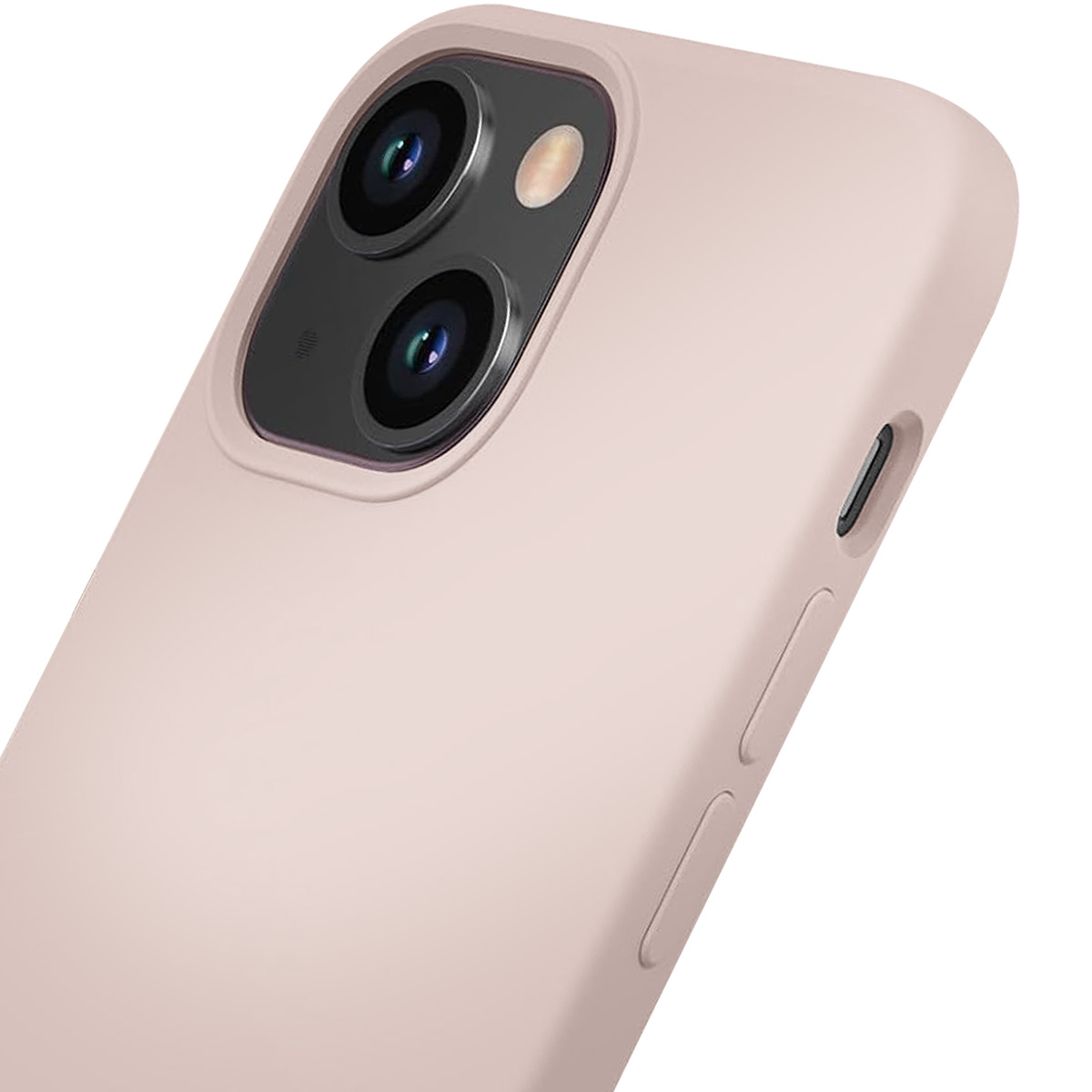 Primo piano di una custodia rosa per telefono con due obiettivi e un flash. Sono visibili i pulsanti del volume e un pulsante laterale.