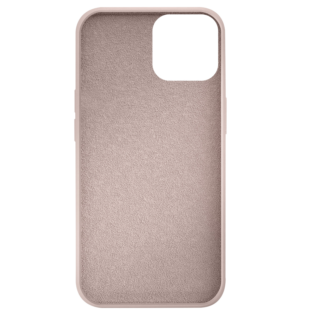 Una custodia per telefono rosa chiaro, con interno strutturato e un ritaglio per la fotocamera. La custodia ha angoli arrotondati e un bordo liscio.