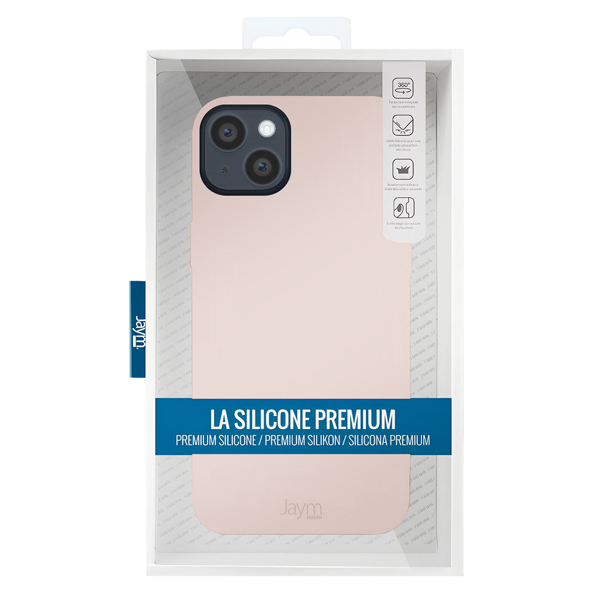 Eine rosa Handyhülle in einer transparenten Verpackung. Die Hülle hat eine Kamera und die Verpackung zeigt Funktionen und den Markennamen.