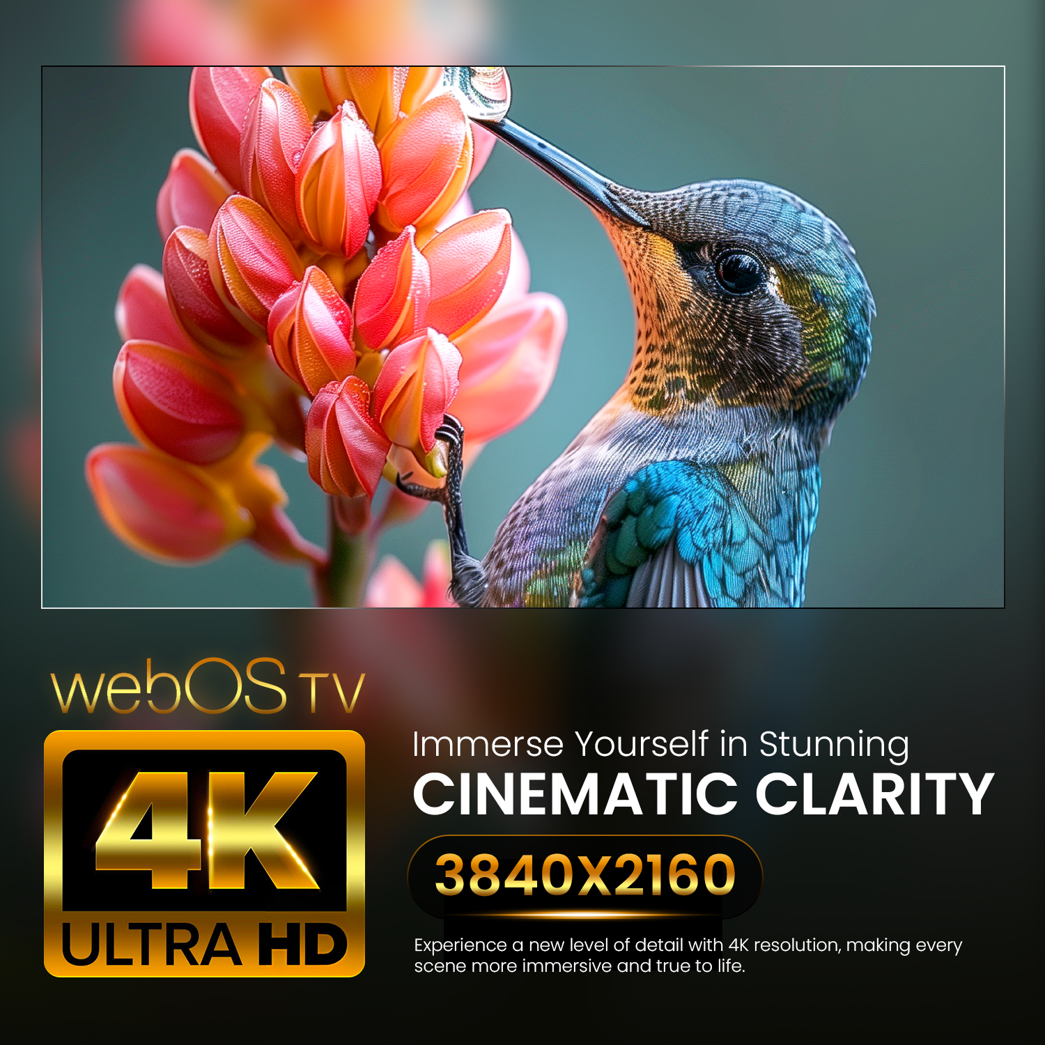 Ein Kolibri mit schillernden blauen Federn und einem langen Schnabel. Im Hintergrund eine rote Blume. Der Text wirbt für 4K Ultra HD TV.