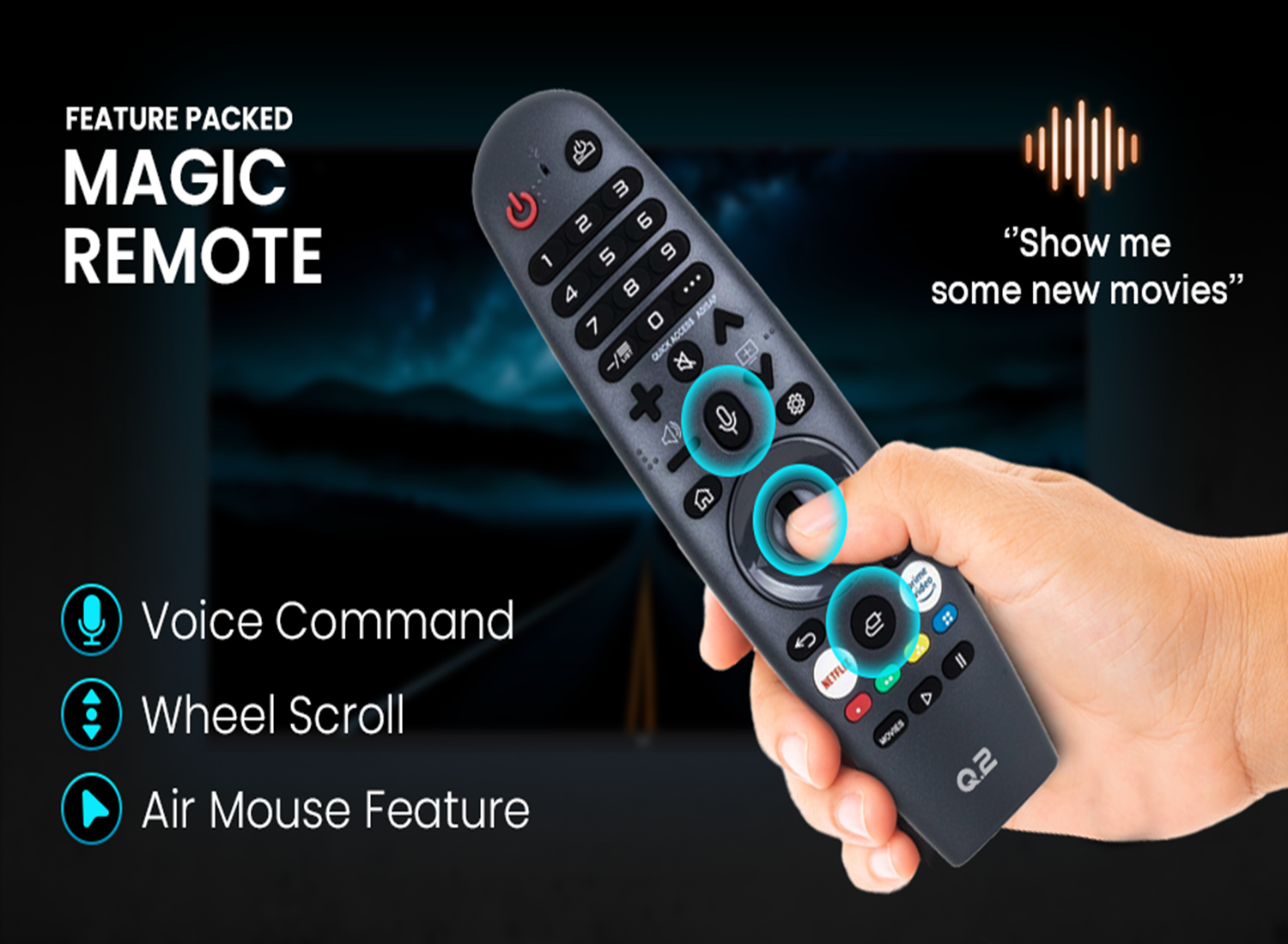 Eine Hand hält eine Magic Remote. Funktionen: Sprachbefehl, Radrolle und Luftmaus. Text: Zeig mir ein paar neue Filme.