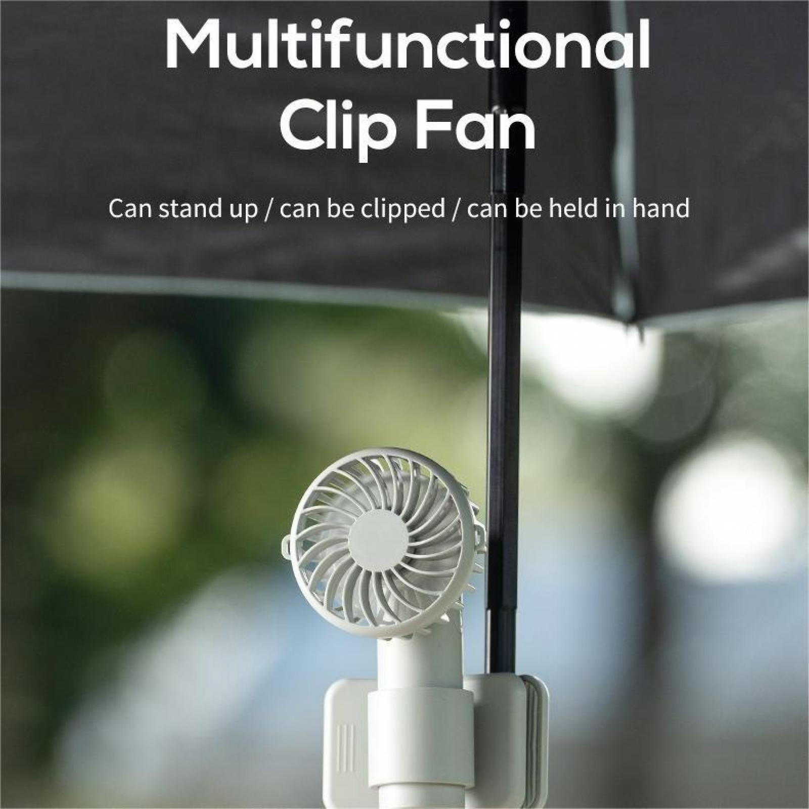 Ein weißer Clip-Ventilator ist an einer schwarzen Stange befestigt, vor einem verschwommenen Hintergrund. Text: Multifunktioneller Clip-Ventilator.