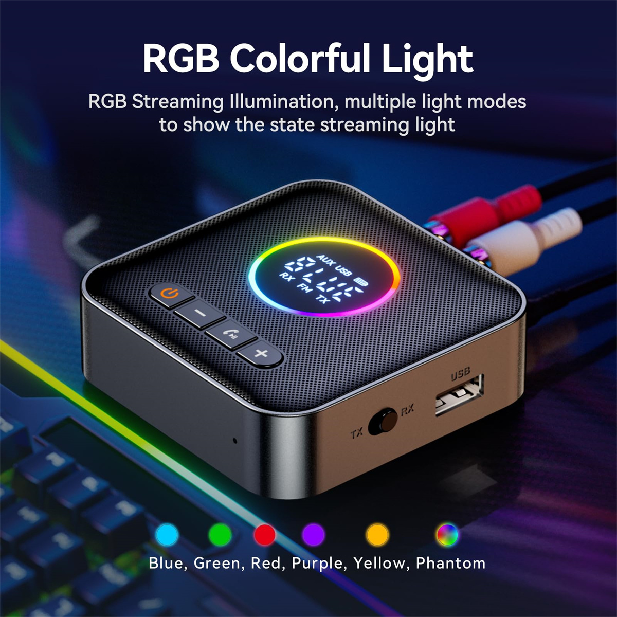 Ein schwarzes Gerät mit farbigem Licht, Knöpfen und Anschlüssen. Kabel sind angeschlossen. Text: RGB Colorful Light, Blau, Grün, Rot, Lila, Gelb, Phantom.