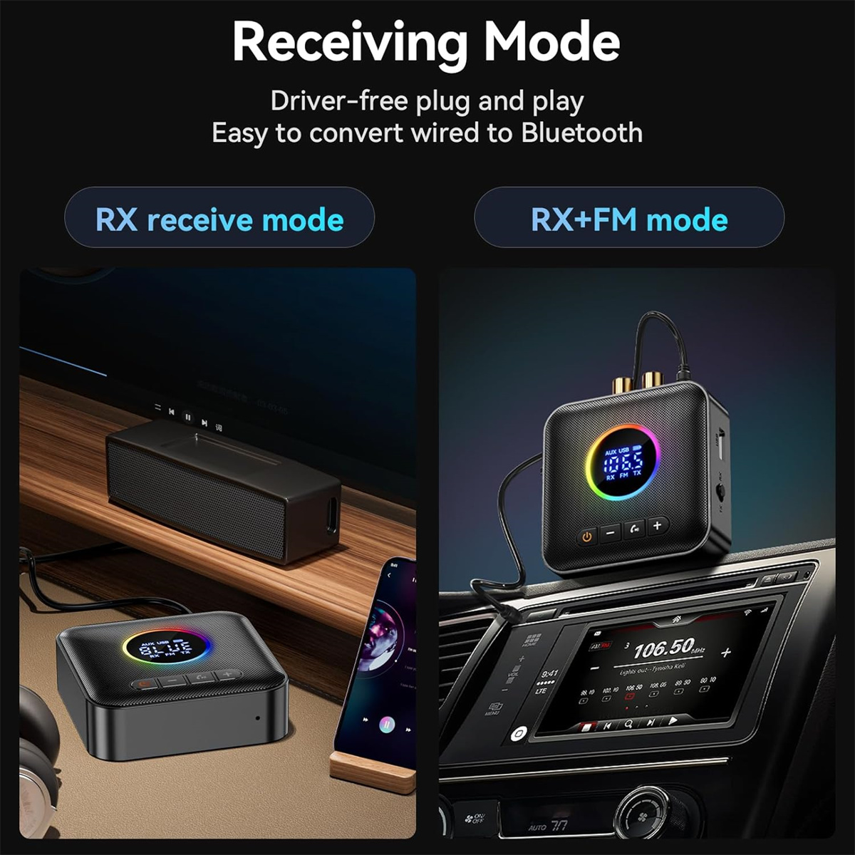 Das Bild zeigt einen Bluetooth-Empfänger im RX-Empfangsmodus und RX+FM-Modus. Es hat einen Lautsprecher, ein Telefon und ein Autoradio-Display.